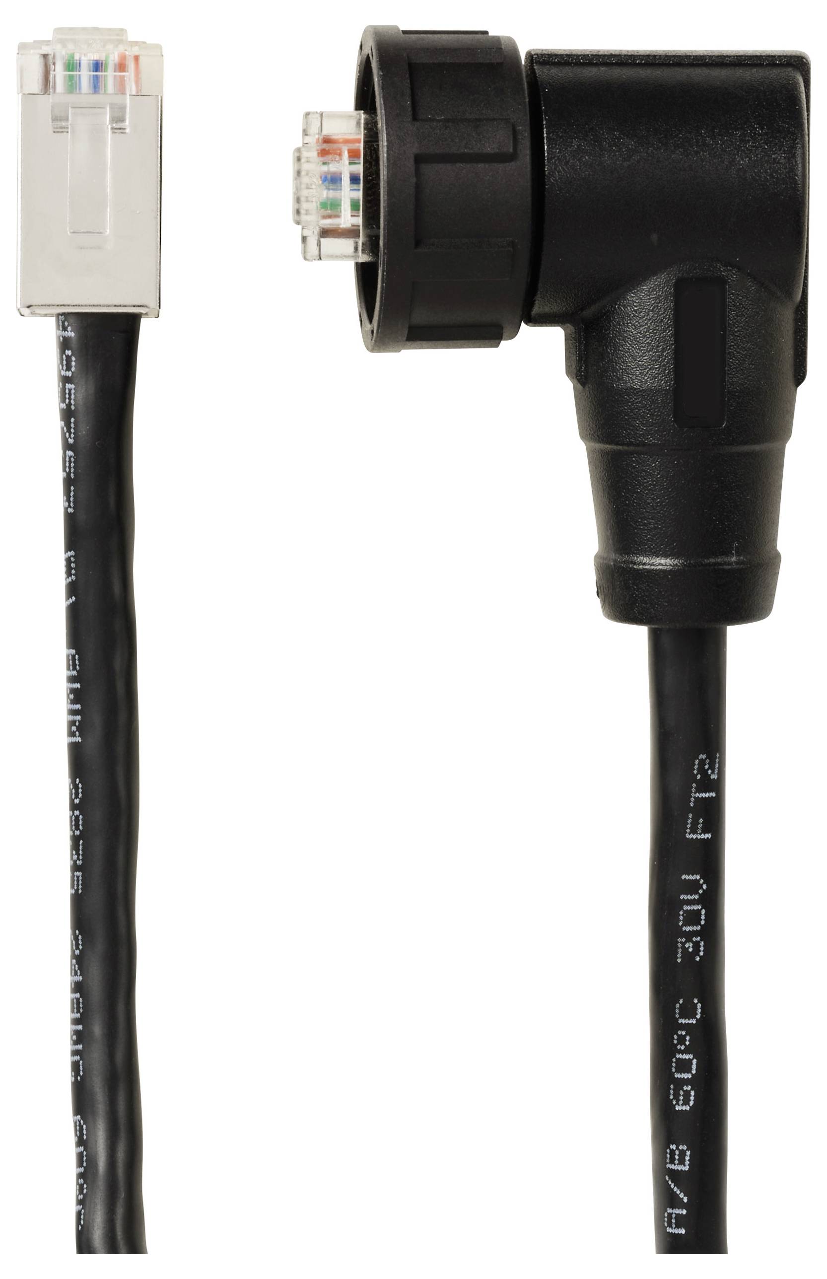 Ein Ethernet-Kabel mit einem rechtwinkligen schwarzen Stecker rechts und einem transparenten RJ45-Stecker links.