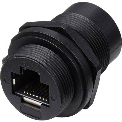 Ein schwarzer Ethernet-Kabelverbinder mit robustem, geripptem Gehäuse für erhöhte Haltbarkeit in industriellen Anwendungen.