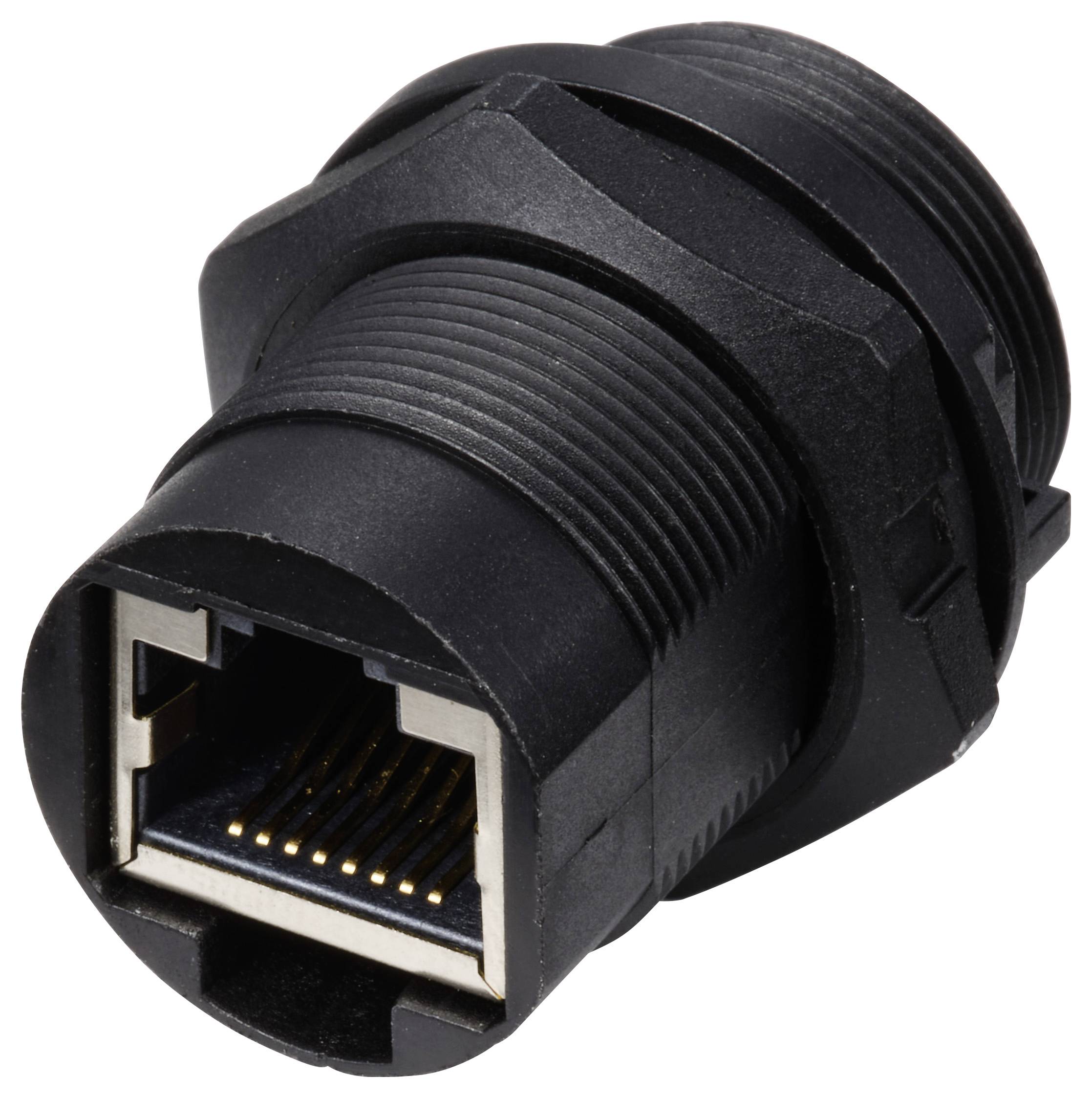 Schwarze RJ45-Netzwerkbuchse mit Gewinde, geeignet für Panel- oder Wandmontage, zeigt die Ansicht des Anschlusses mit sichtbaren Pins.