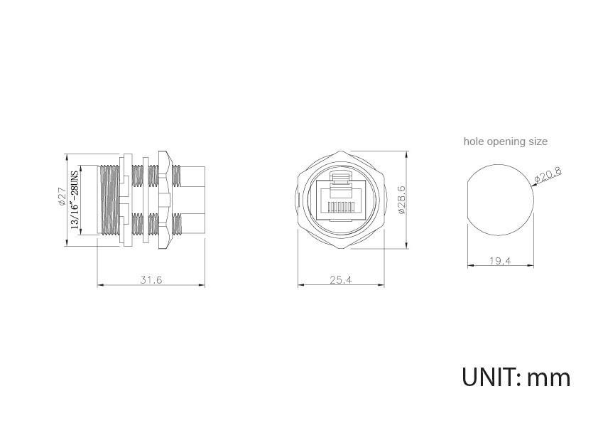Technische Zeichnung eines Rundsteckers mit Maßangaben in Millimetern. Zeigt Vorder-, Seiten- und Draufsicht.