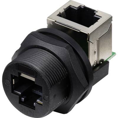 'Schwarze RJ45-Netzwerkbuchse mit Metallgehäuse und Leiterplatine, geeignet für kabelgebundene Netzwerkverbindungen in Geräten.'