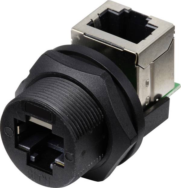 TRU COMPONENTS TC-E13T-FR6-PRF-90 RJ45-Buchse auf Buchse (90°) rückseitig montierte Buchse IP67 (mit Gewinde) TC-13543660 Polzahl Sensoren 8 Schwarz 1 St.