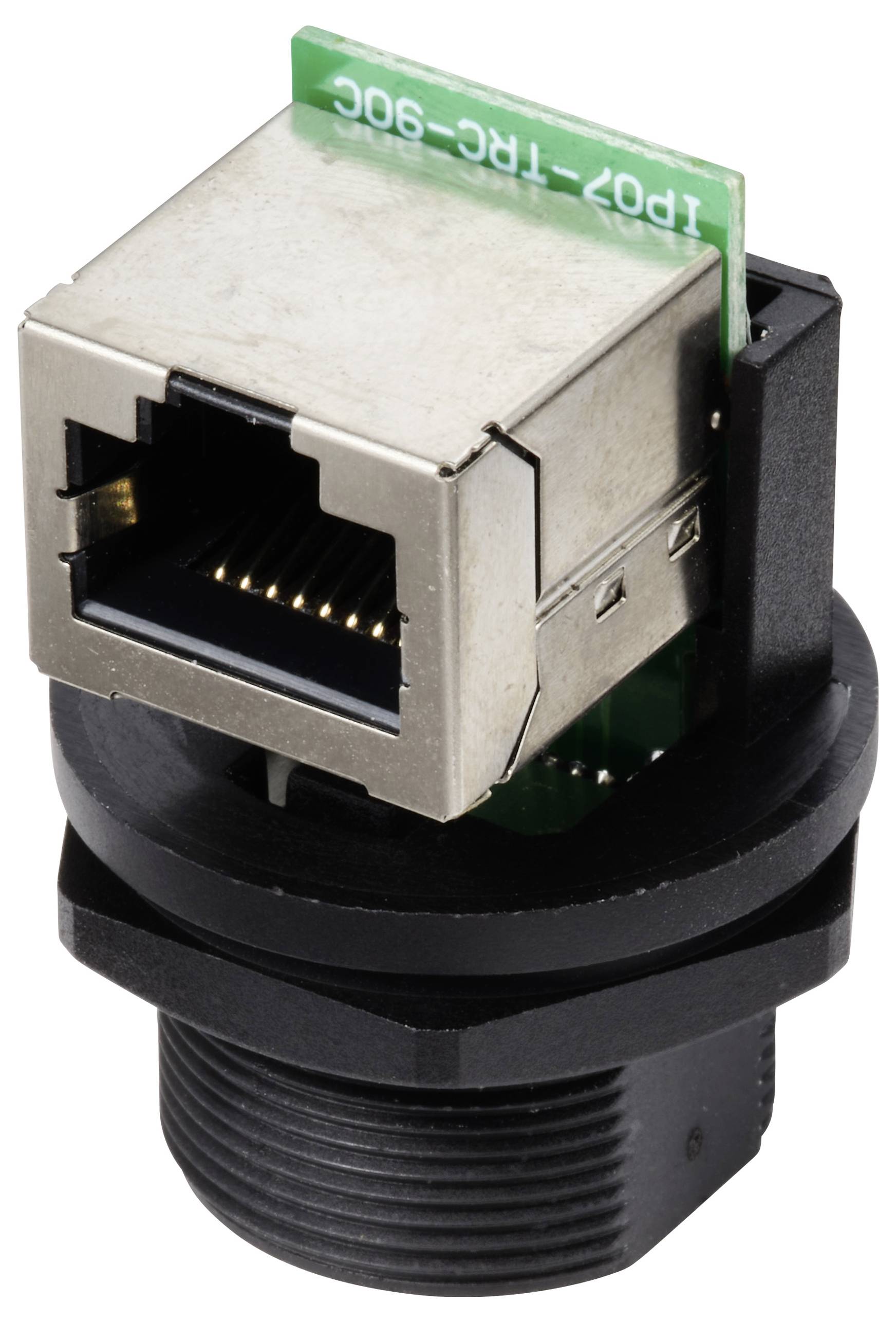Ein RJ45-Stecker mit integriertem Schaltkreis und schwarzem Gehäuse, geeignet für Netzwerkverbindungen in industriellen Anwendungen.