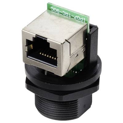 Ein RJ45-Stecker mit integriertem Schaltkreis und schwarzem Gehäuse, geeignet für Netzwerkverbindungen in industriellen Anwendungen.