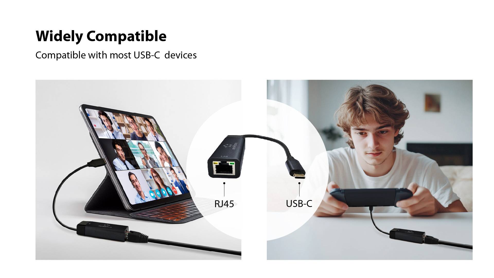Ein USB-C-Adapter verbindet ein Tablet und eine Spielkonsole mit einem Netzwerk über RJ45. Text sagt 'Widely Compatible'.