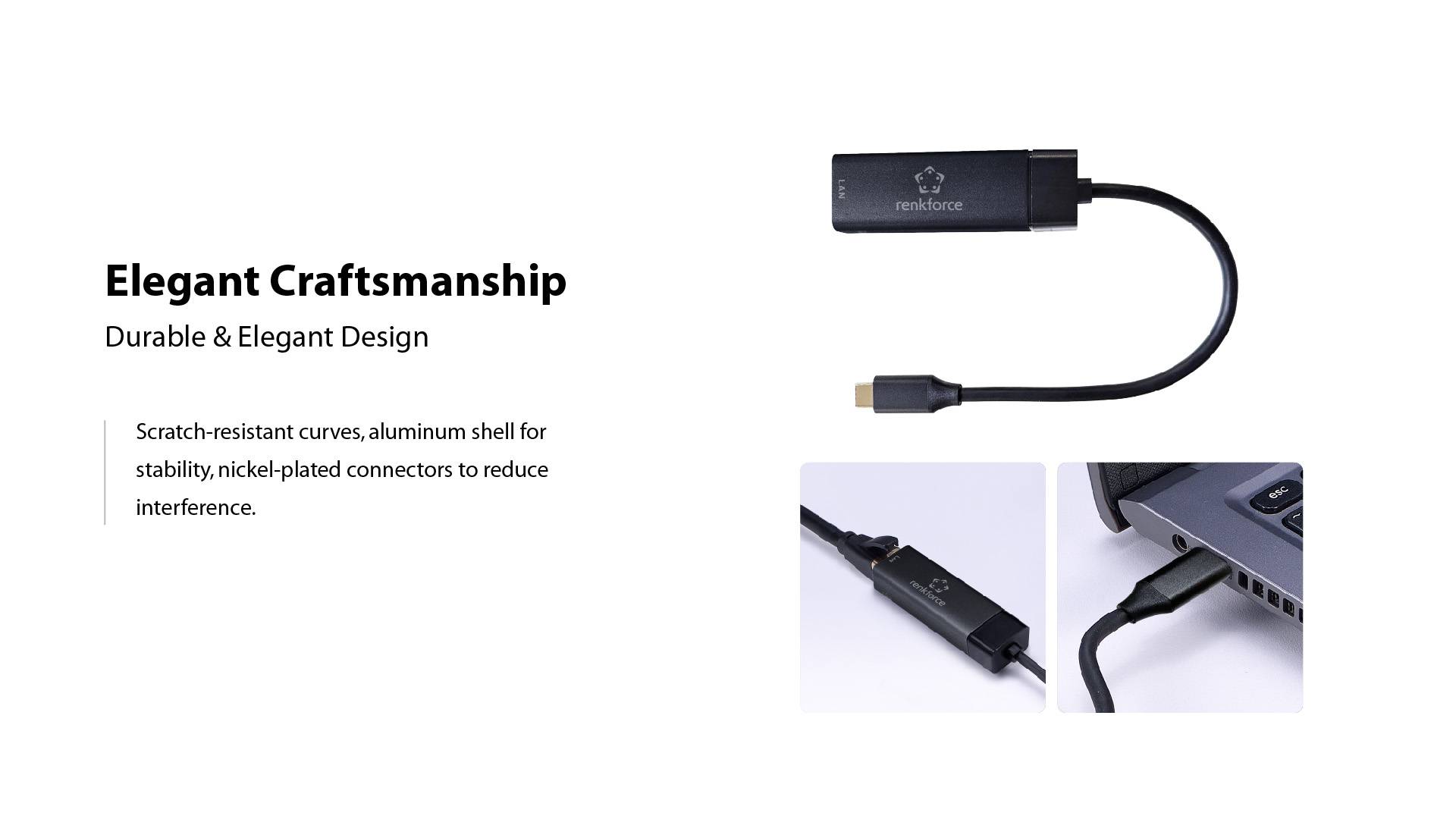 USB-Adapter mit elegantem Design, schwarzer Aluminiumhülle, und stabilen, nickelvebrindierten Anschlüssen, verbunden mit Laptop.