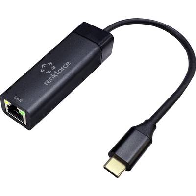 Ein schwarzer USB-C-zu-LAN-Adapter von Renkforce mit LAN-Anschluss, grün und gelb beleuchtete Statusanzeigen.