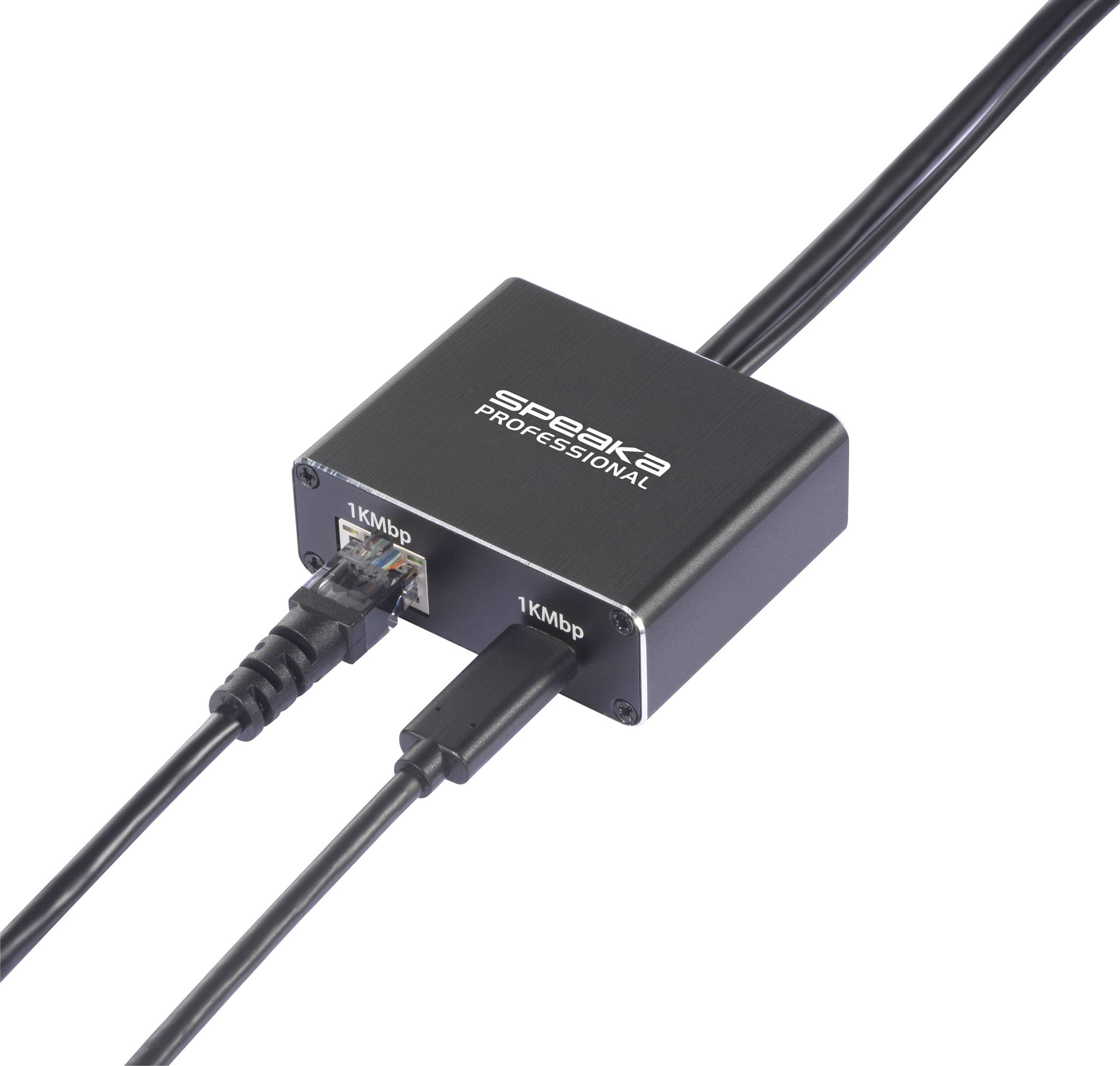 Schwarzer HDMI-Adapter für LAN-Verbindung mit zwei eingesteckten Kabeln, einer für Netzwerk, der andere für HDMI, Marke 'speaka PROFESSIONAL'.