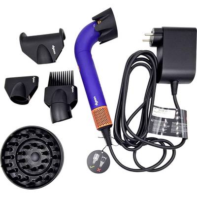 Dyson Haartrockner mit blauer Düse, schwarzem Diffusor und mehreren Aufsätzen. Enthält ein Netzkabel mit Stecker.