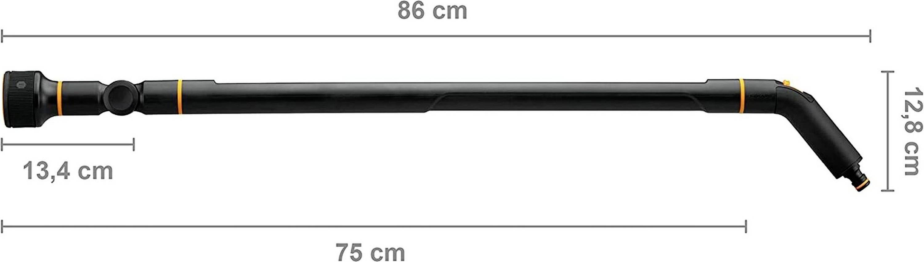 'Langer, schwarzer Schlauch mit orangenen Akzenten und L-förmigem Ende. Maße: Länge 86 cm, gebogener Teil 12,8 cm.'