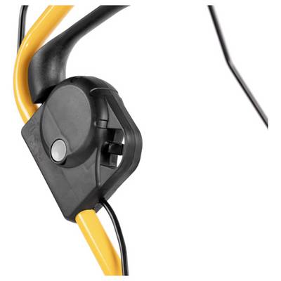 Ein Teil eines schwarz-gelben Rasenmähergriffs mit einer schwarzen Steuerungseinheit und Kabel ist zu sehen.