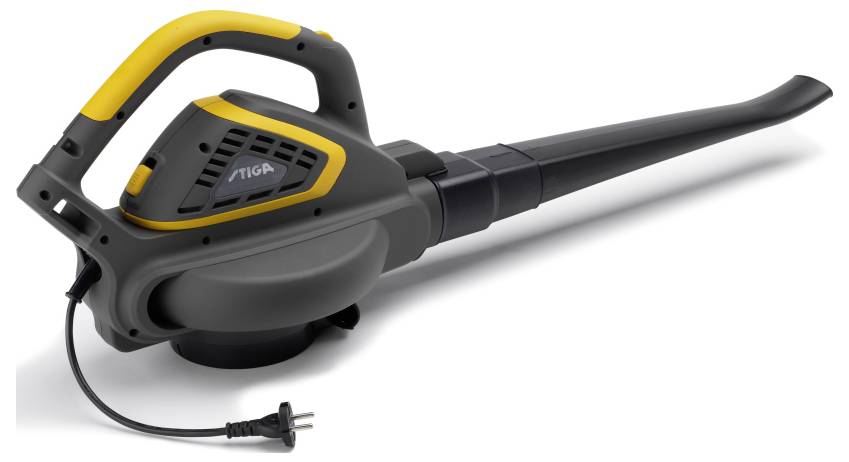 Elektrischer Laubbläser mit schwarz-gelbem Design, langem Blasrohr und Stecker, für die Reinigung von Gärten und Gehwegen.