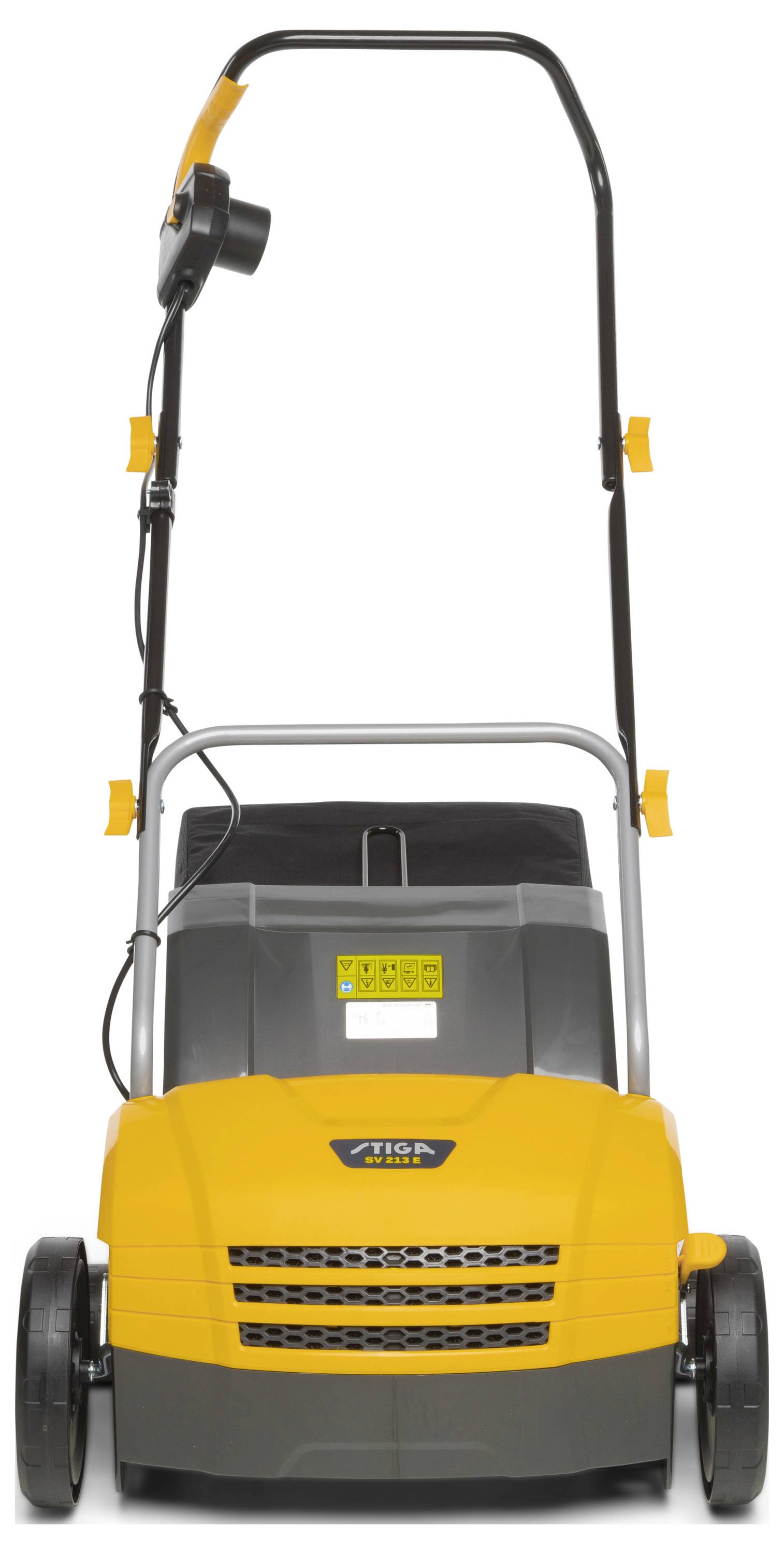 Ein gelber, elektrischer Gartenvertikutierer mit schwarzen Griffen und großen Rädern, geeignet für die Rasenpflege.