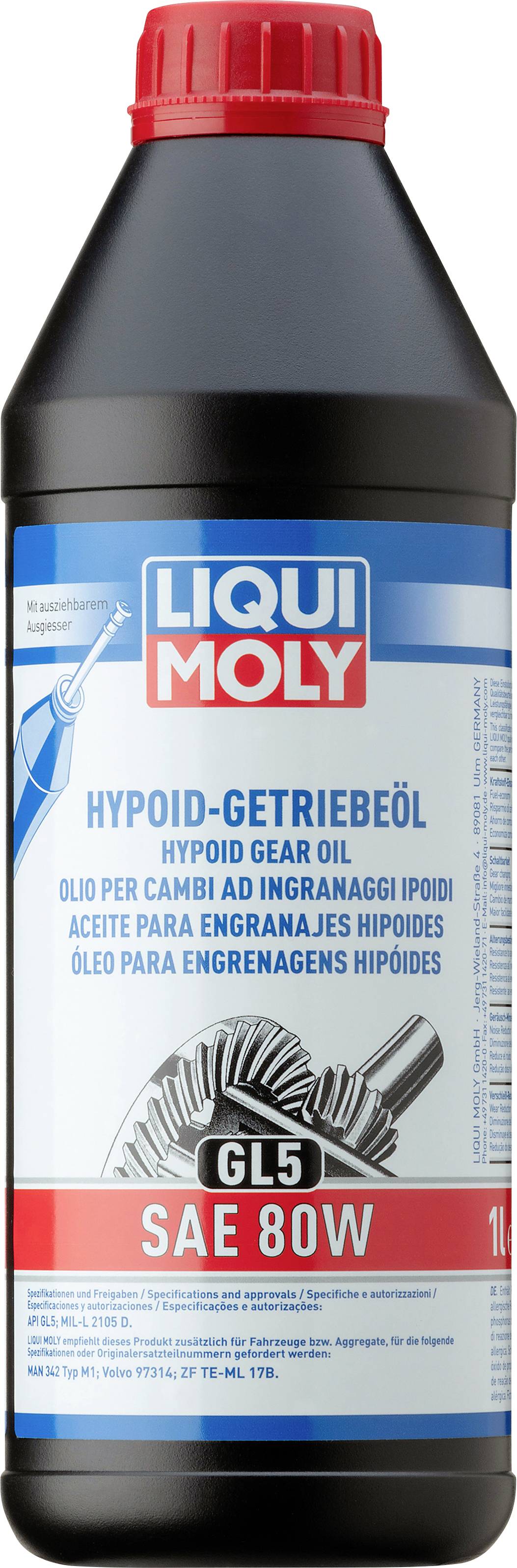 'Liqui Moly Hypoid-Getriebeöl GL5 SAE 80W' Flasche; Aufschrift in mehreren Sprachen für Getriebeöl. Rote Kappe, blaue/weiße Etiketten.