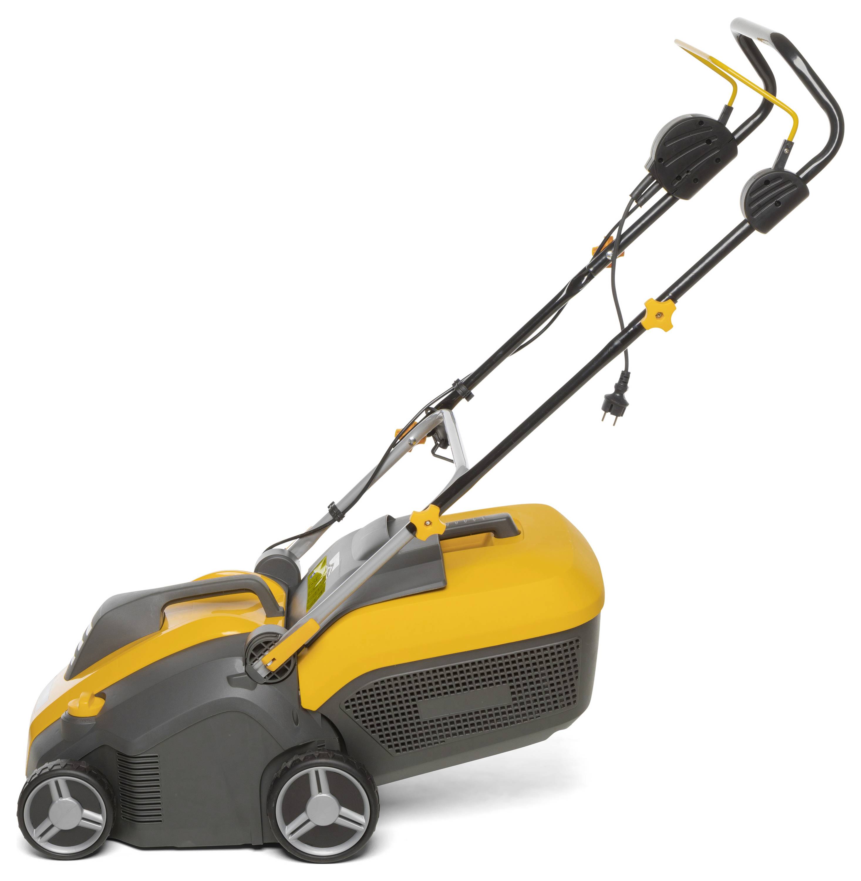 Elektrischer Rasenmäher mit gelbem Gehäuse und zwei schwarzen Griffen, geeignet für Gartenpflege und Rasenmähen.