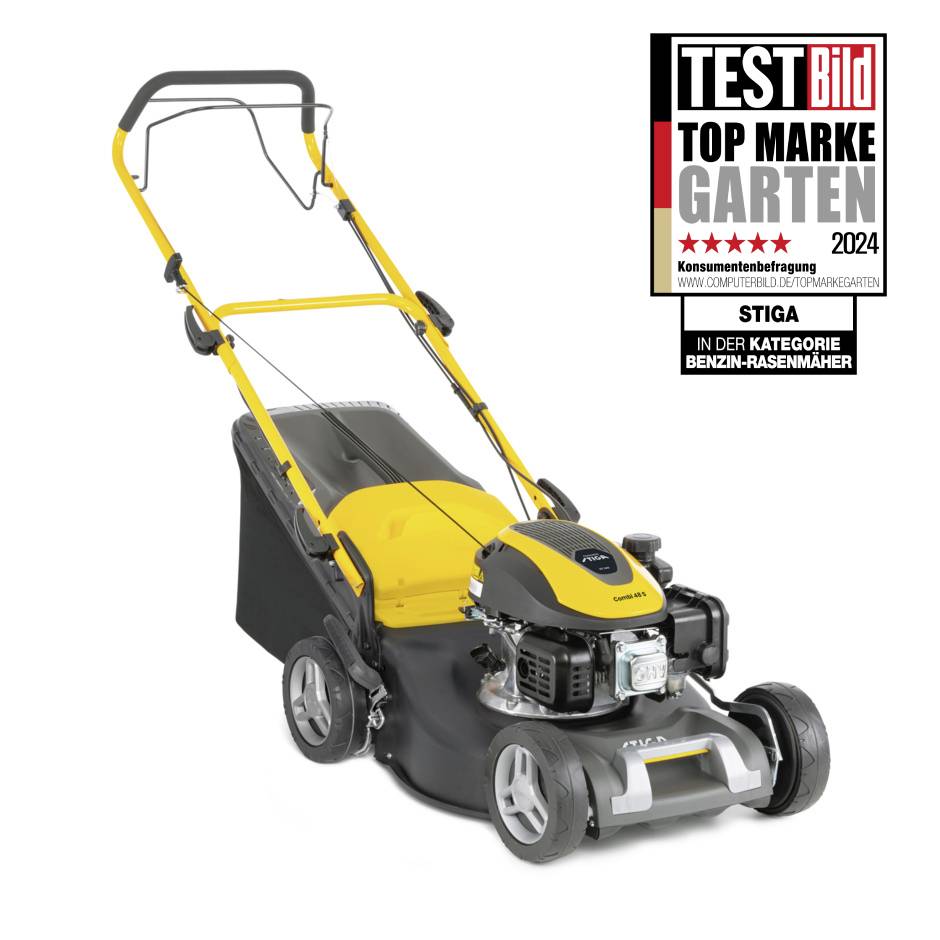 Ein gelber Benzin-Rasenmäher von Stiga mit schwarzem Gehäuse. Rechts oben ein Auszeichnungsetikett: 'TestBild Top Marke Garten 2024'.