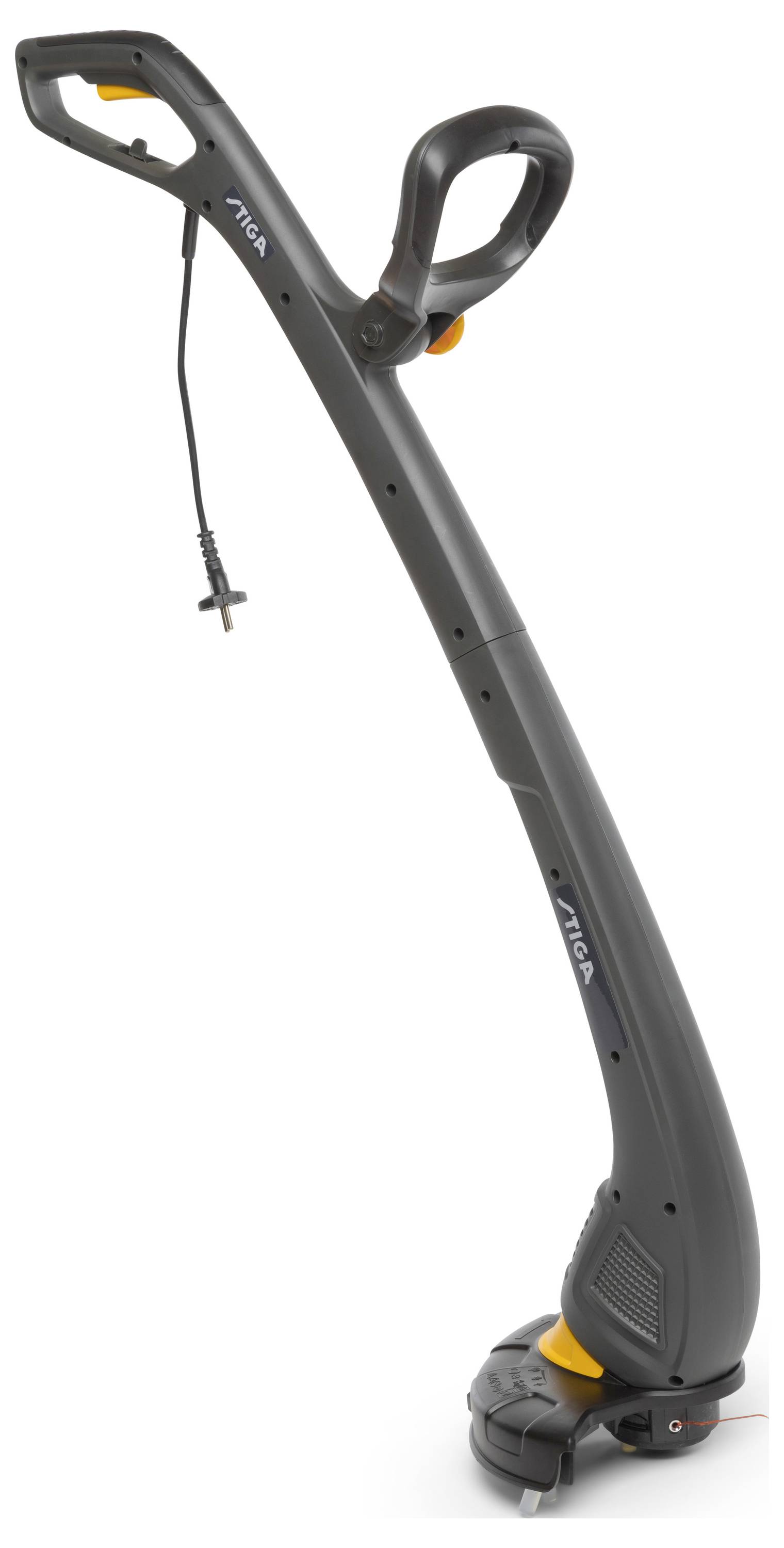 Ein elektrischer Rasentrimmer mit ergonomischem Griff und langem Schaft.
