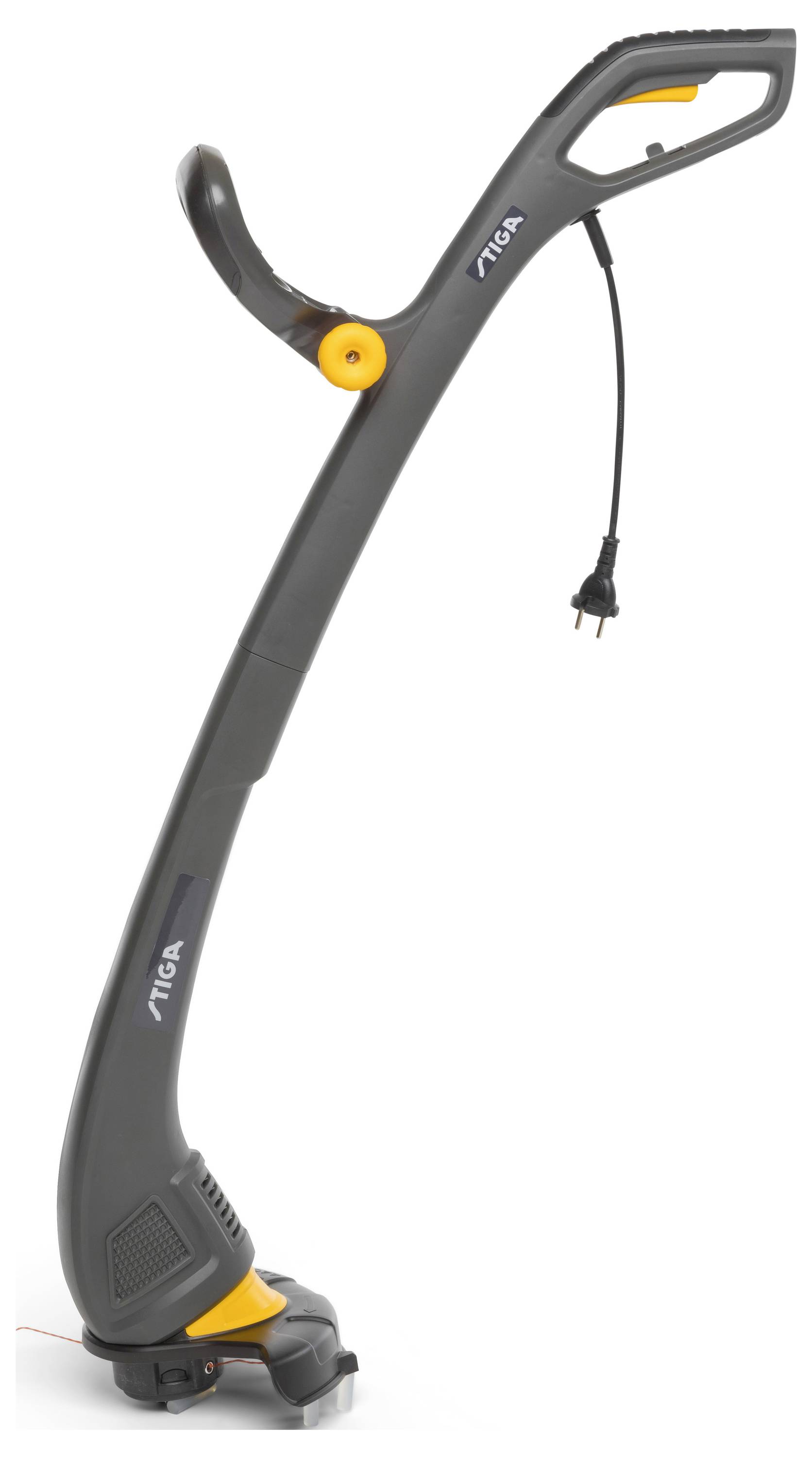 Elektrischer Rasentrimmer in Grau mit gelbem Akzent. Stromkabel und ergonomischer Griff. Geeignet für präzises Rasentrimmen.