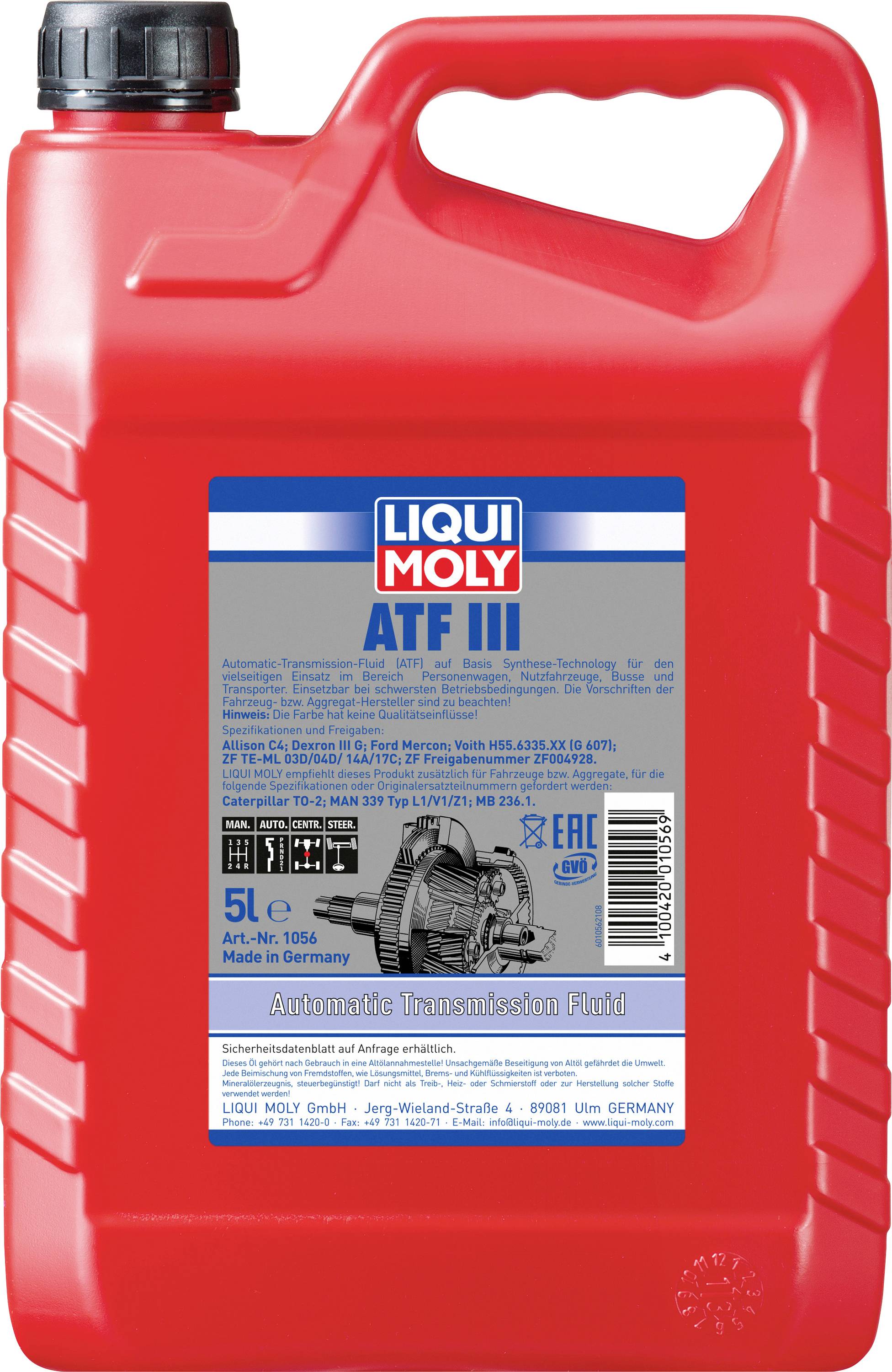 Roter Kanister mit 5 Litern ATF III Automatik-Getriebeöl von Liqui Moly. Geeignet für Fahrzeuge mit automatischem Getriebe. Made in Germany.