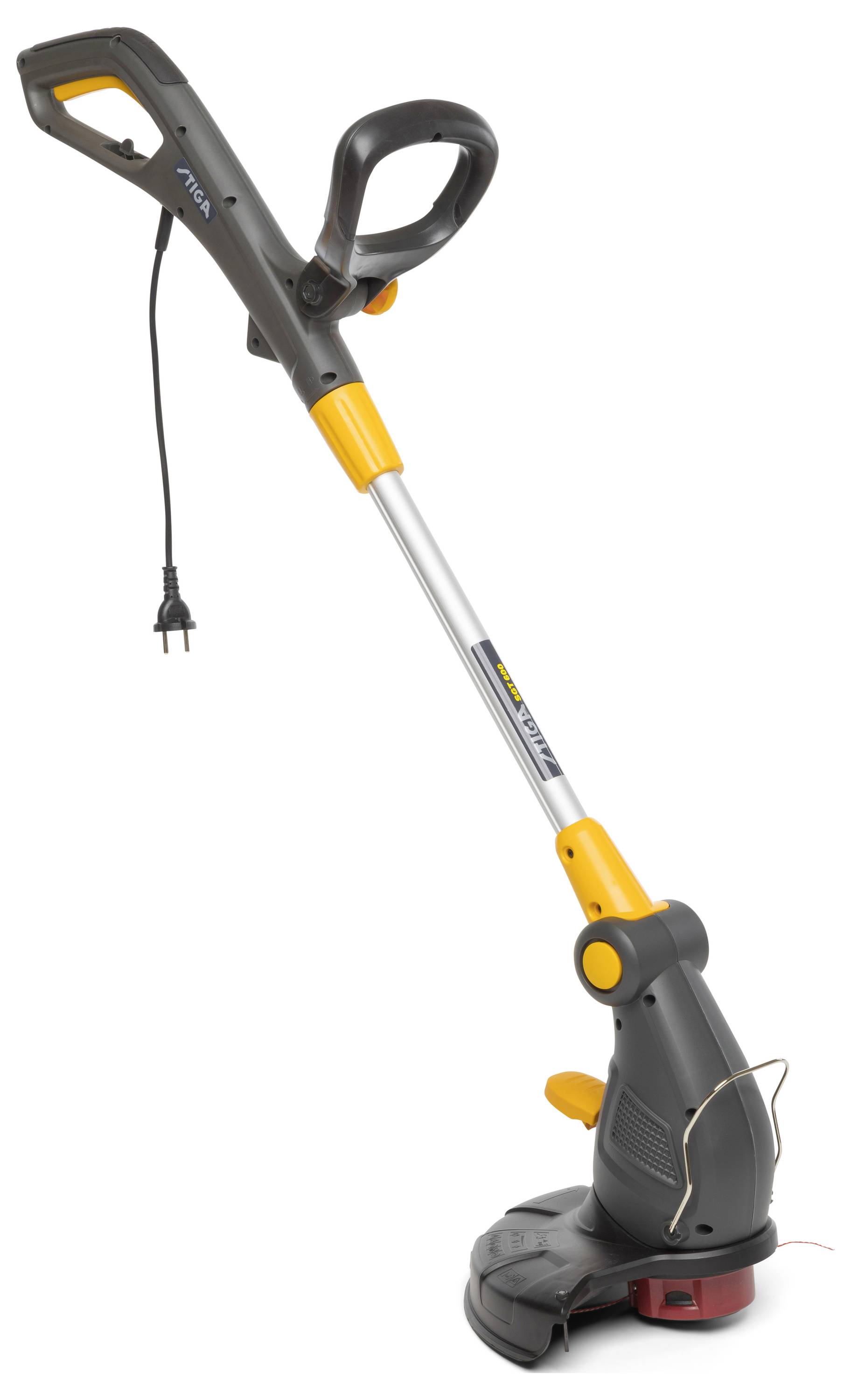 Elektrischer Rasentrimmer in Schwarz und Gelb mit Netzkabel, ergonomischem Griff und Schutzbügel unten. Ideal für präzises Trimmen.