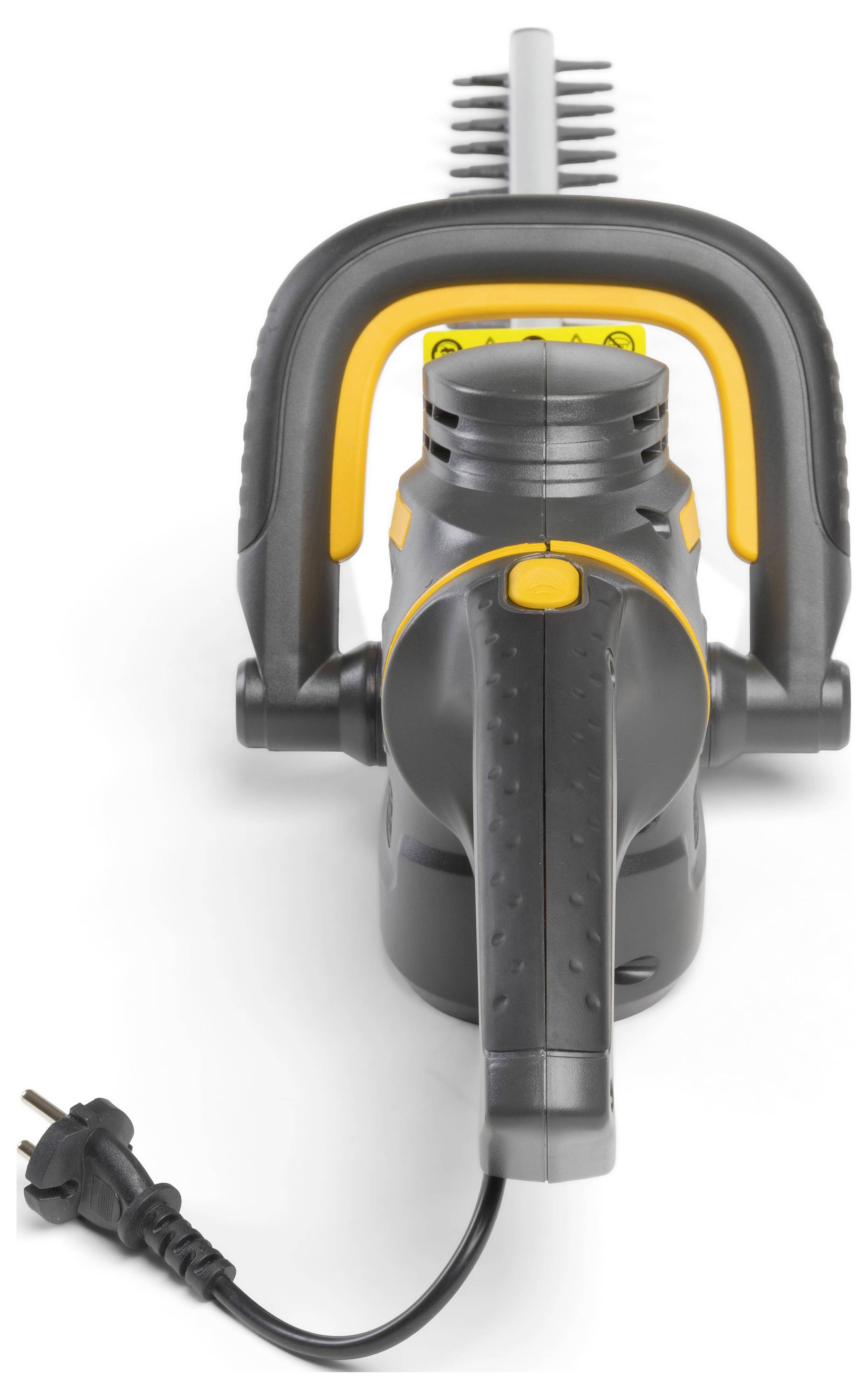 Ein elektrisches Gartengerät in Vorderansicht mit ergonomischem Griff und Stromkabel, geeignet für die Heckenpflege.
