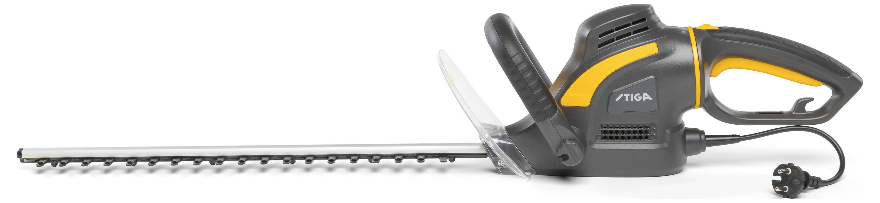 Eine elektrische Heckenschere mit langem, gezahntem Schneidblatt und ergonomischem Griff; geeignet zum Trimmen von Hecken und Sträuchern.