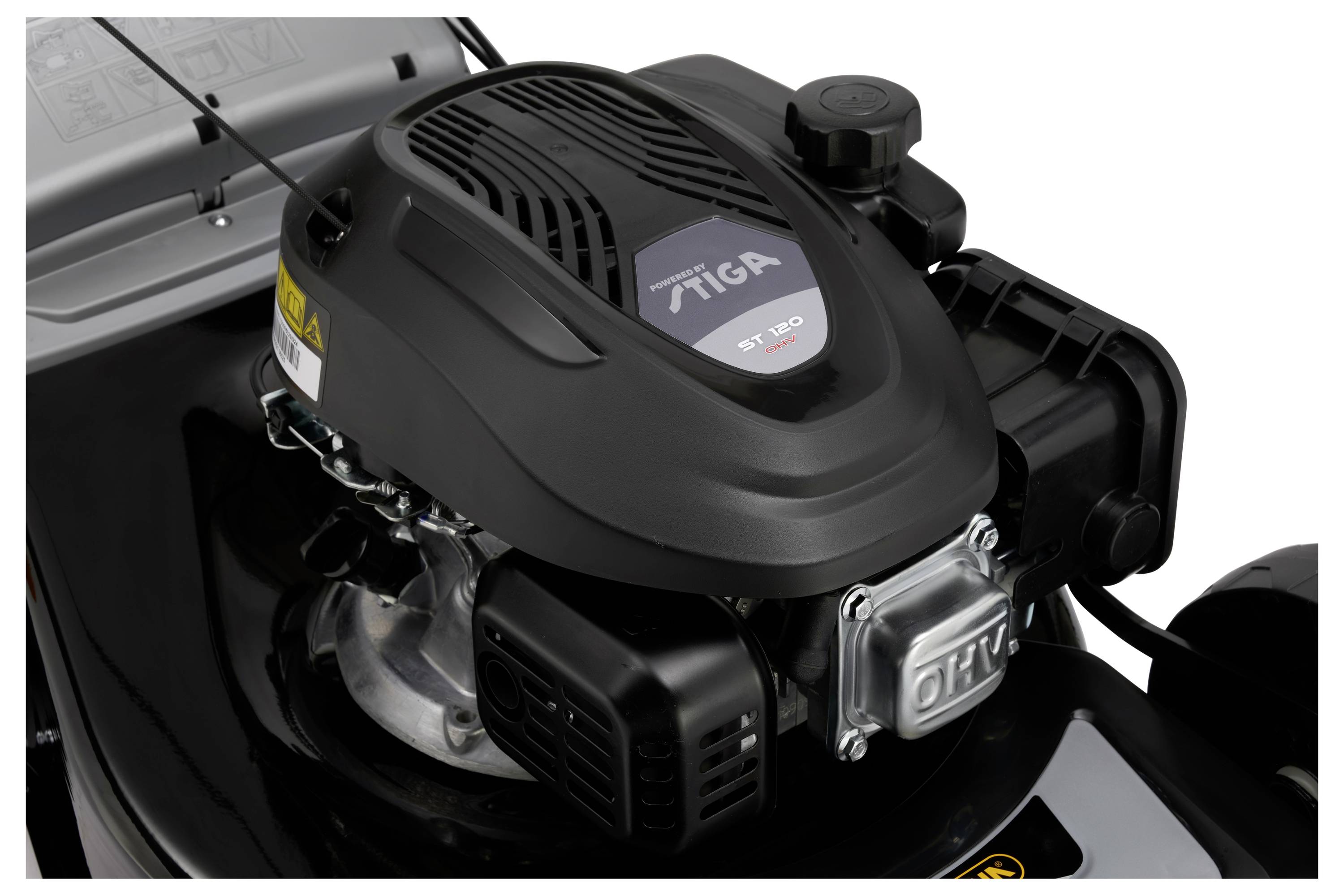Rasenmähermotor in schwarz mit sichtbarem 'STIGA'-Logo, zeigt eine kompakte und robuste Bauweise.