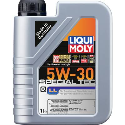 1-Liter-Kanister Motoröl 'LIQUI MOLY 5W-30 Special Tec LL', geeignet für Benzin- und Dieselfahrzeuge, synthetische Technologie, hergestellt in Deutschland.