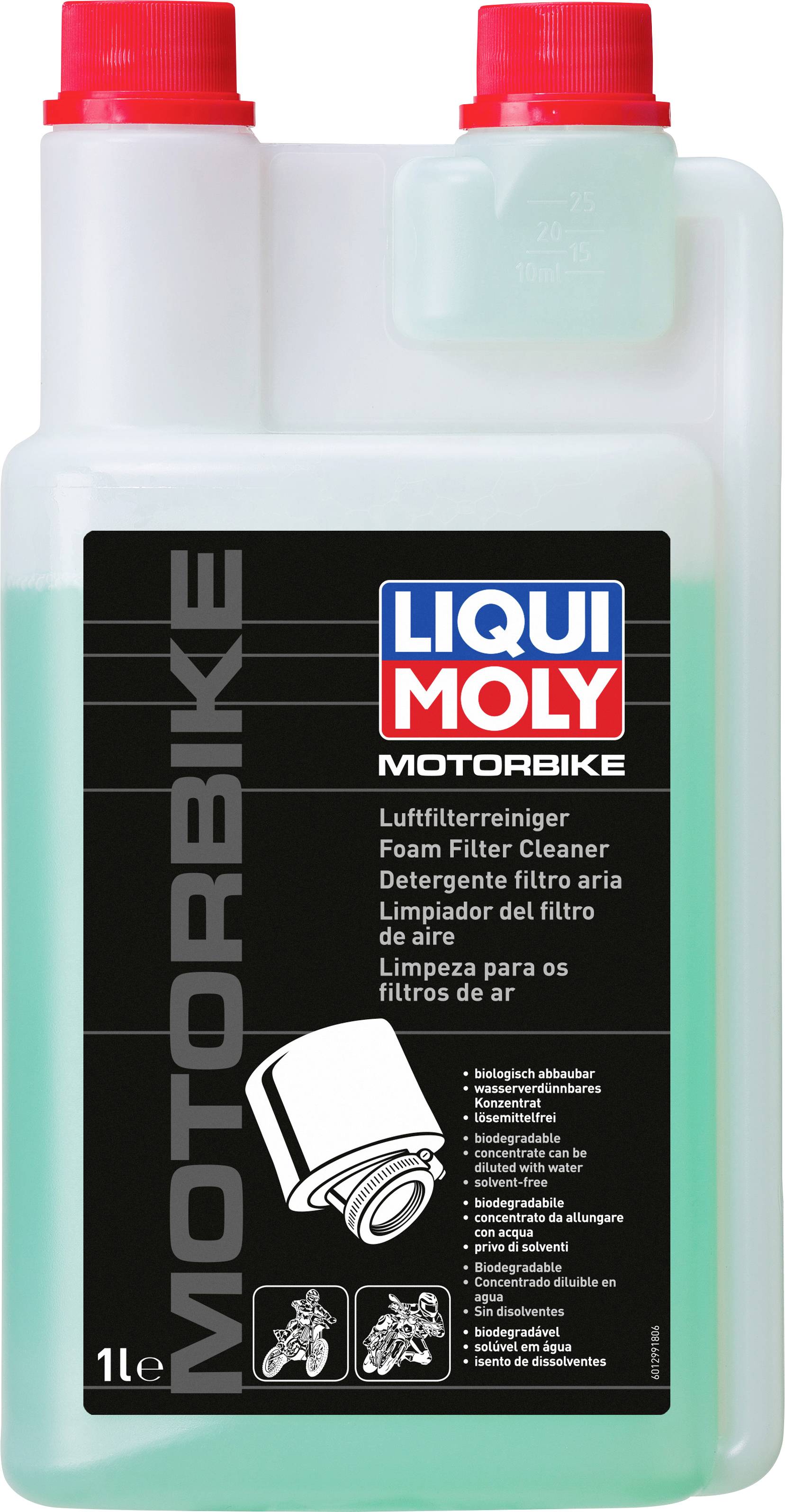 Rechteckige Flasche mit zwei roten Kappen, Etikett 'Liqui Moly Motorbike Luftfilterreiniger'. Fasst 1 Liter.