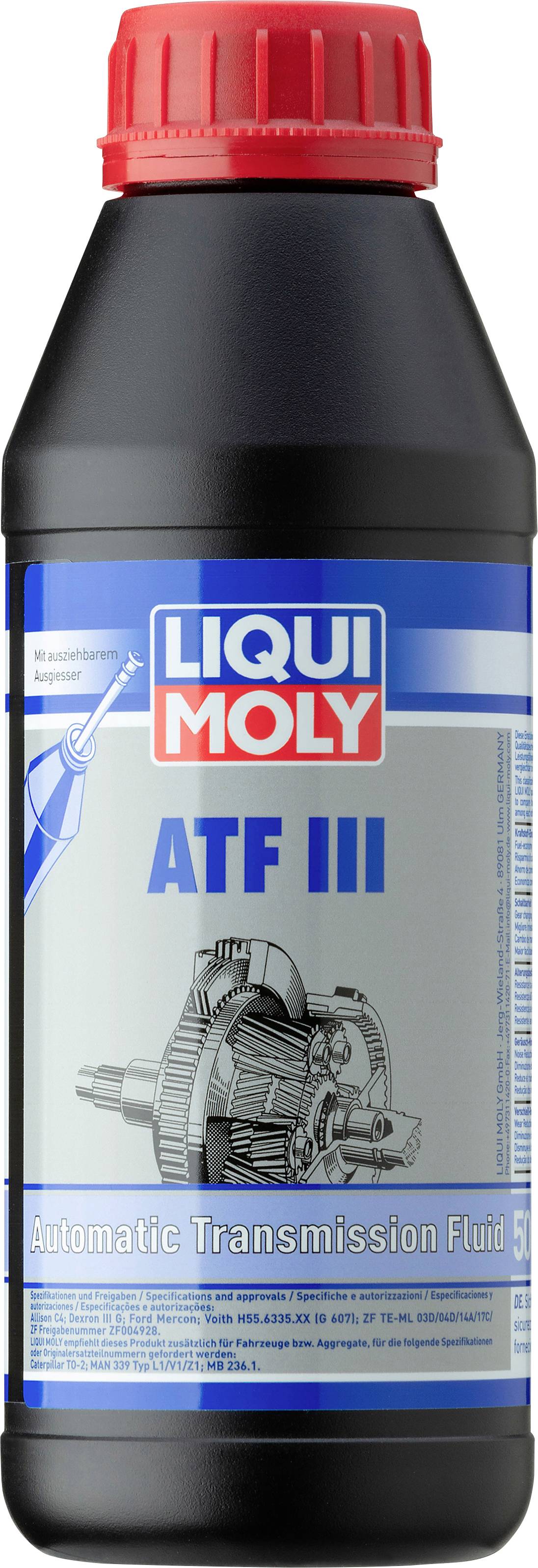 'Eine schwarze Flasche mit rotem Deckel, beschriftet mit "LIQUI MOLY ATF III Automatic Transmission Fluid", zeigt ein Getriebesymbol.'