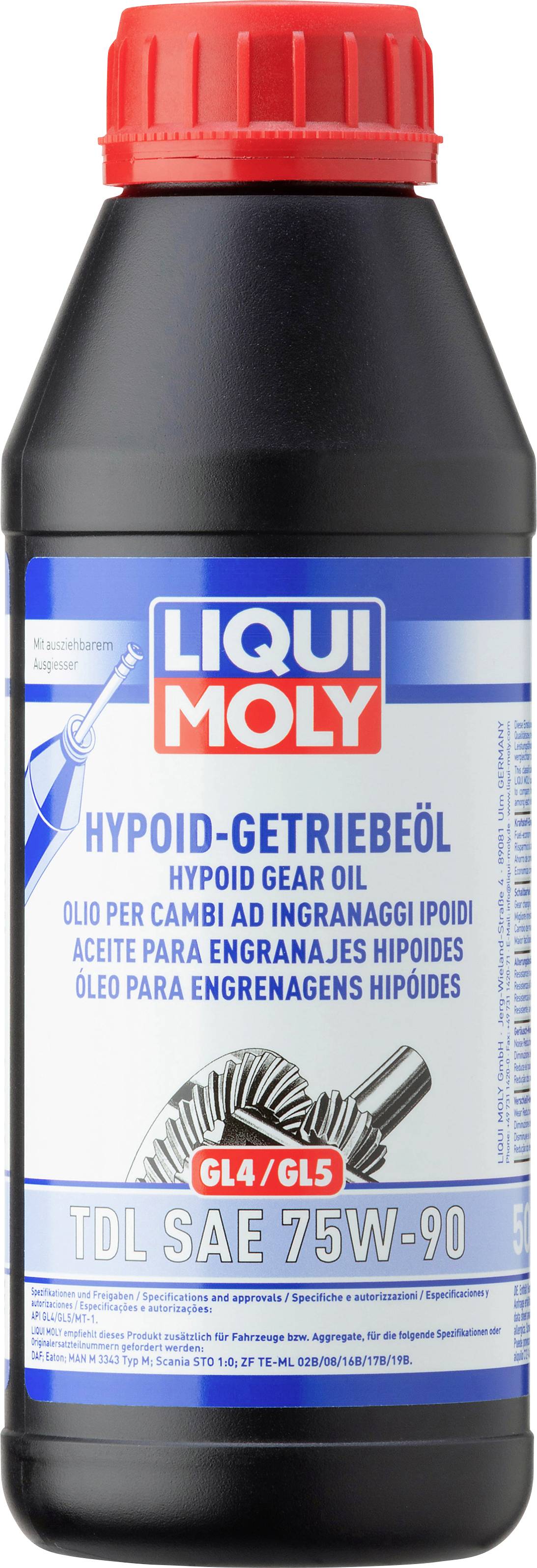 Flasche LIQUI MOLY Hypoid-Getriebeöl TDL SAE 75W-90, geeignet für GL4/GL5 Getriebe, mit rotem Verschluss und blauer Etikettierung.