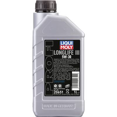 Eine graue 1-Liter-Ölflasche von Liqui Moly, gekennzeichnet mit 'Longlife III 5W-30', hergestellt in Deutschland.