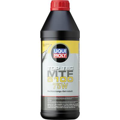 Flasche mit Motoröl 'LIQUI MOLY Top Tec MTF 5100 75W'. Hochleistungs-Getriebeöl, geeignet für verschiedene Fahrzeugmodelle.