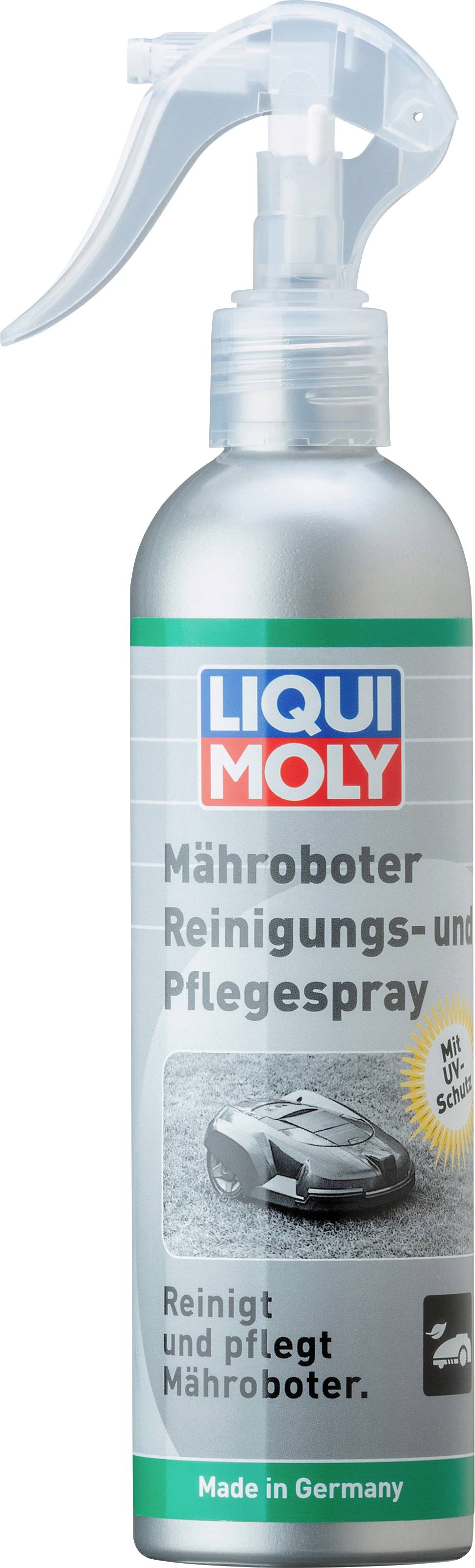 Sprayflasche von LIQUI MOLY für die Reinigung und Pflege von Mährobotern. Enthält einen Hinweis: 'Made in Germany'.