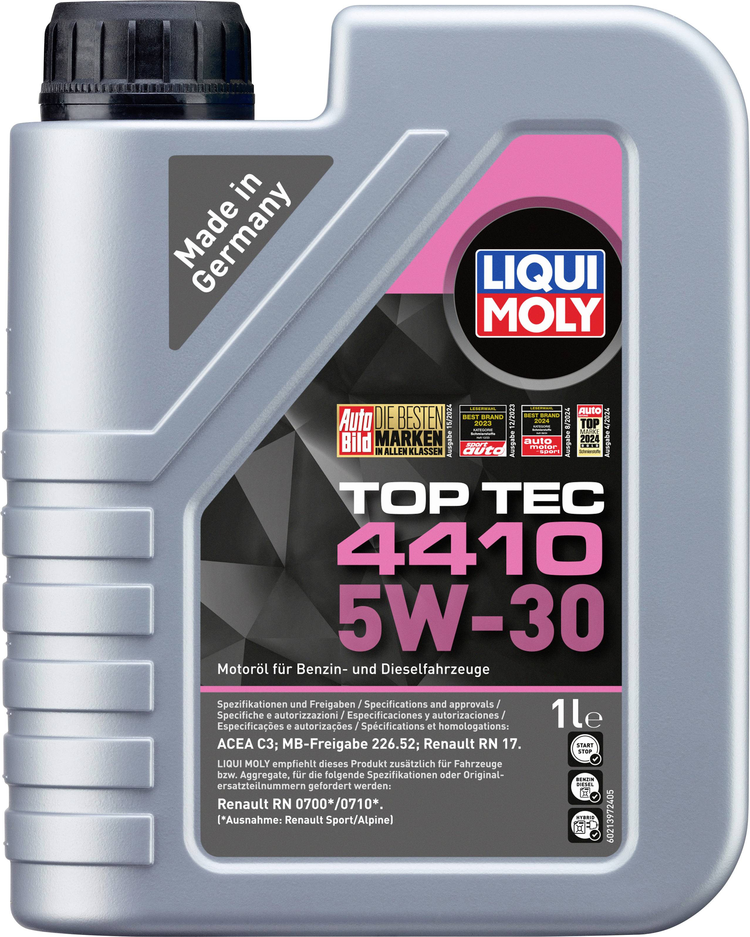 'Motoröl Liqui Moly Top Tec 4410 5W-30, geeignet für Benzin- und Dieselfahrzeuge, 1 Liter. Made in Germany.'