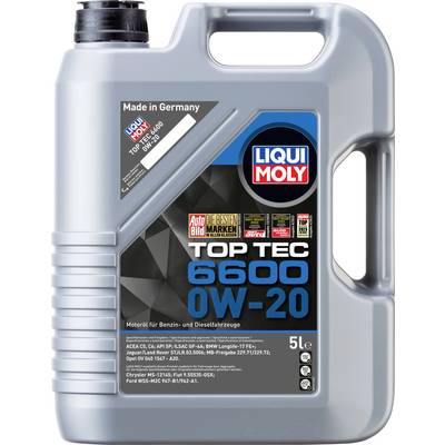 Ein grauer 5-Liter-Kanister mit 'Liqui Moly Top Tec 6600 0W-20' Motoröl, geeignet für Benzin- und Dieselfahrzeuge. Made in Germany.