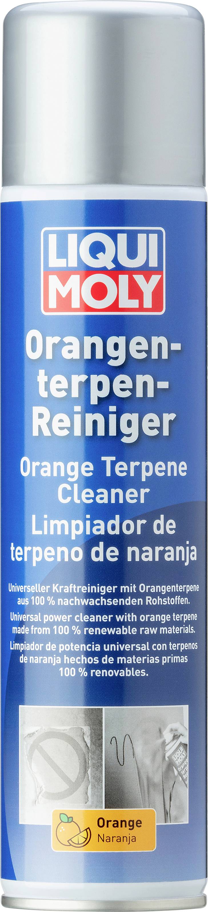 Eine Spraydose mit der Aufschrift 'LIQUI MOLY Orangen-Terpen-Reiniger'. Starker Reiniger mit Orangenterpenen geeignet für zahlreiche Oberflächen.