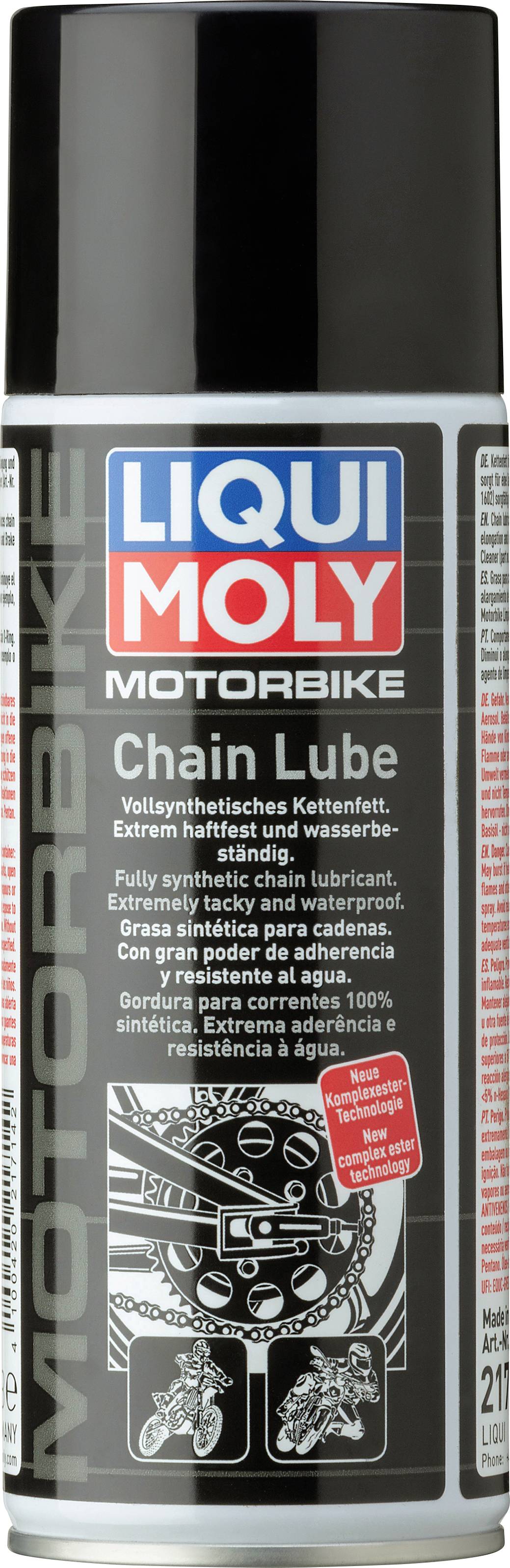 Sprühflasche von 'Liqui Moly Motorbike Chain Lube'. Vollsynthetisches Kettenspray für Motorräder, schützt und schmiert die Kette.