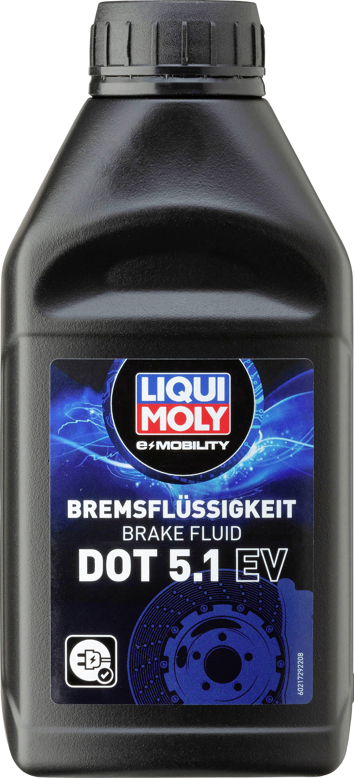 Schwarze Flasche mit blauem Etikett von Liqui Moly. Text: 'Bremsflüssigkeit DOT 5.1 EV'. Bild eines Bremssystems darunter.