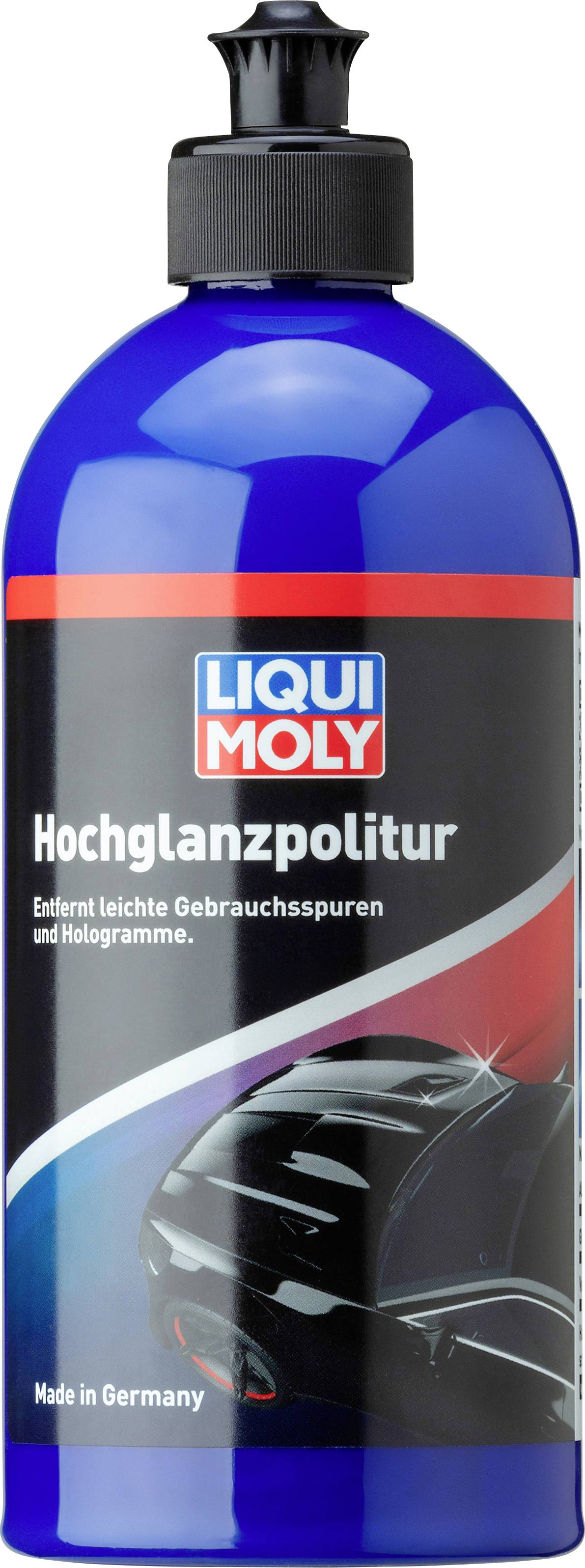 'Flasche mit Liqui Moly Hochglanzpolitur, entfernt Gebrauchsspuren und Hologramme. Abbildung eines glänzenden Autos.'