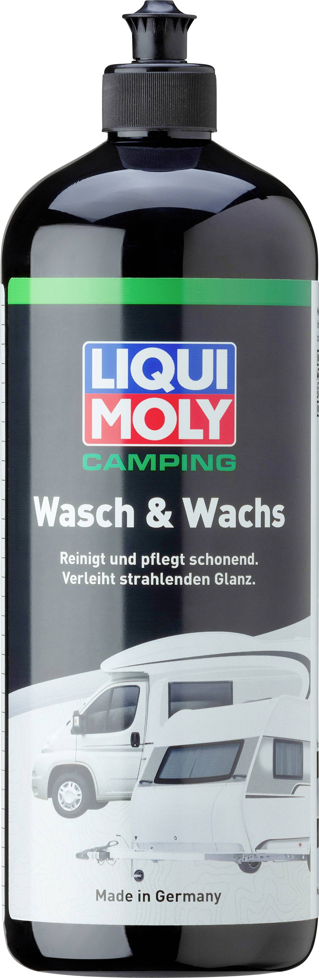 Eine Flasche 'LIQUI MOLY Camping Wasch & Wachs'. Reinigt und pflegt Campingfahrzeuge, verleiht strahlenden Glanz,  Made in Germany.