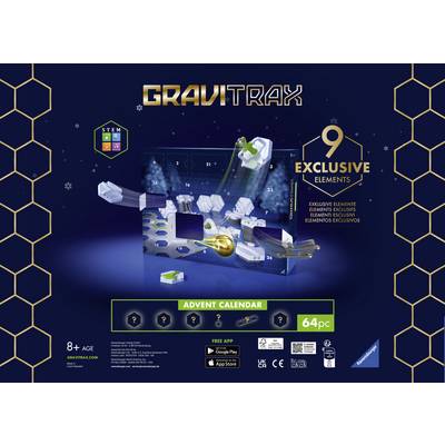 'GraviTrax Adventskalender' mit 9 exklusiven Elementen, 64 Teile. Empfohlen ab 8 Jahren. Enthält eine digitale Anleitung über eine App.
