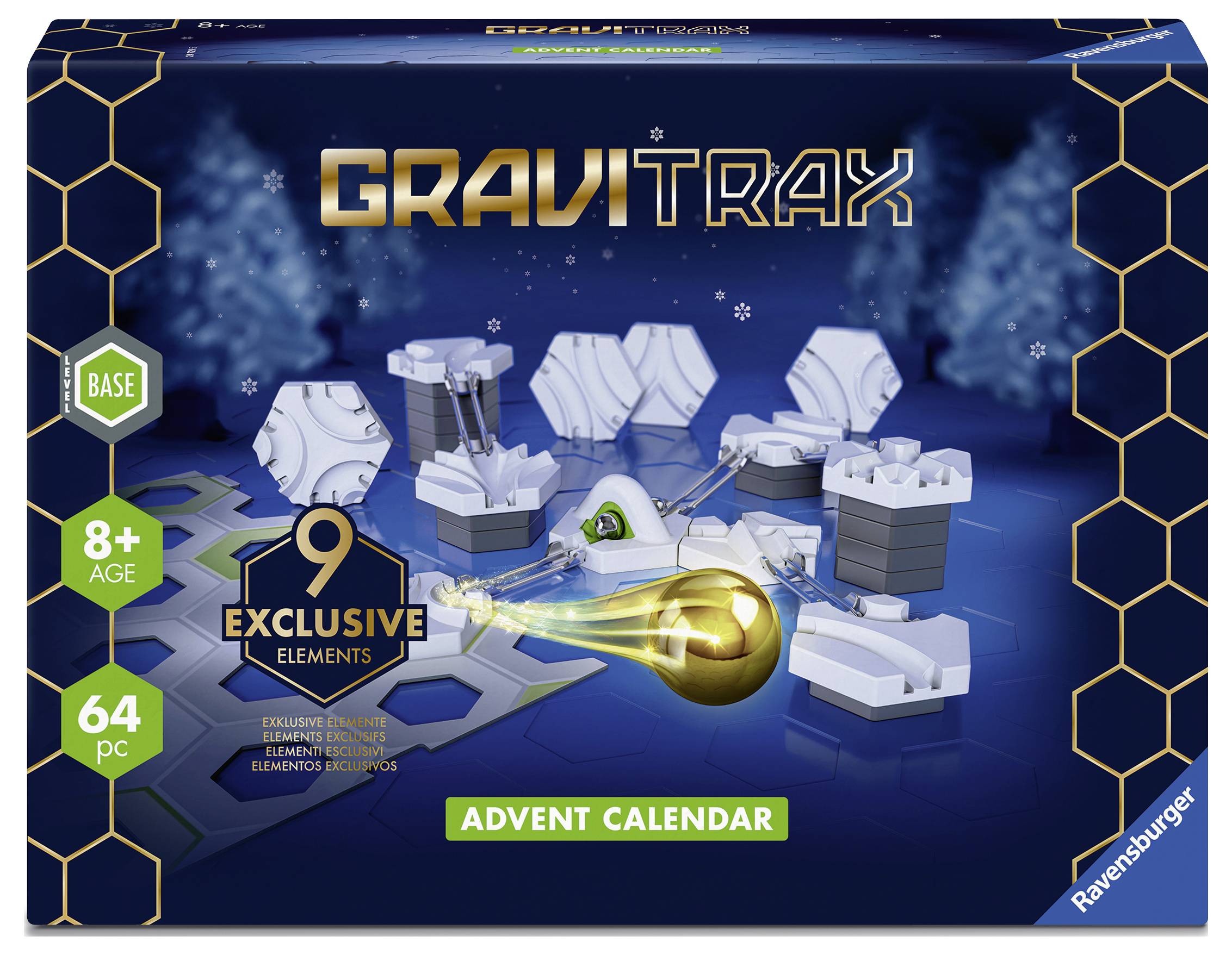 'GraviTrax Adventskalender' Verpackung zeigt Kugelbahn-Elemente und das Alter '8+' sowie '64 Teile' auf blauem Hintergrund.