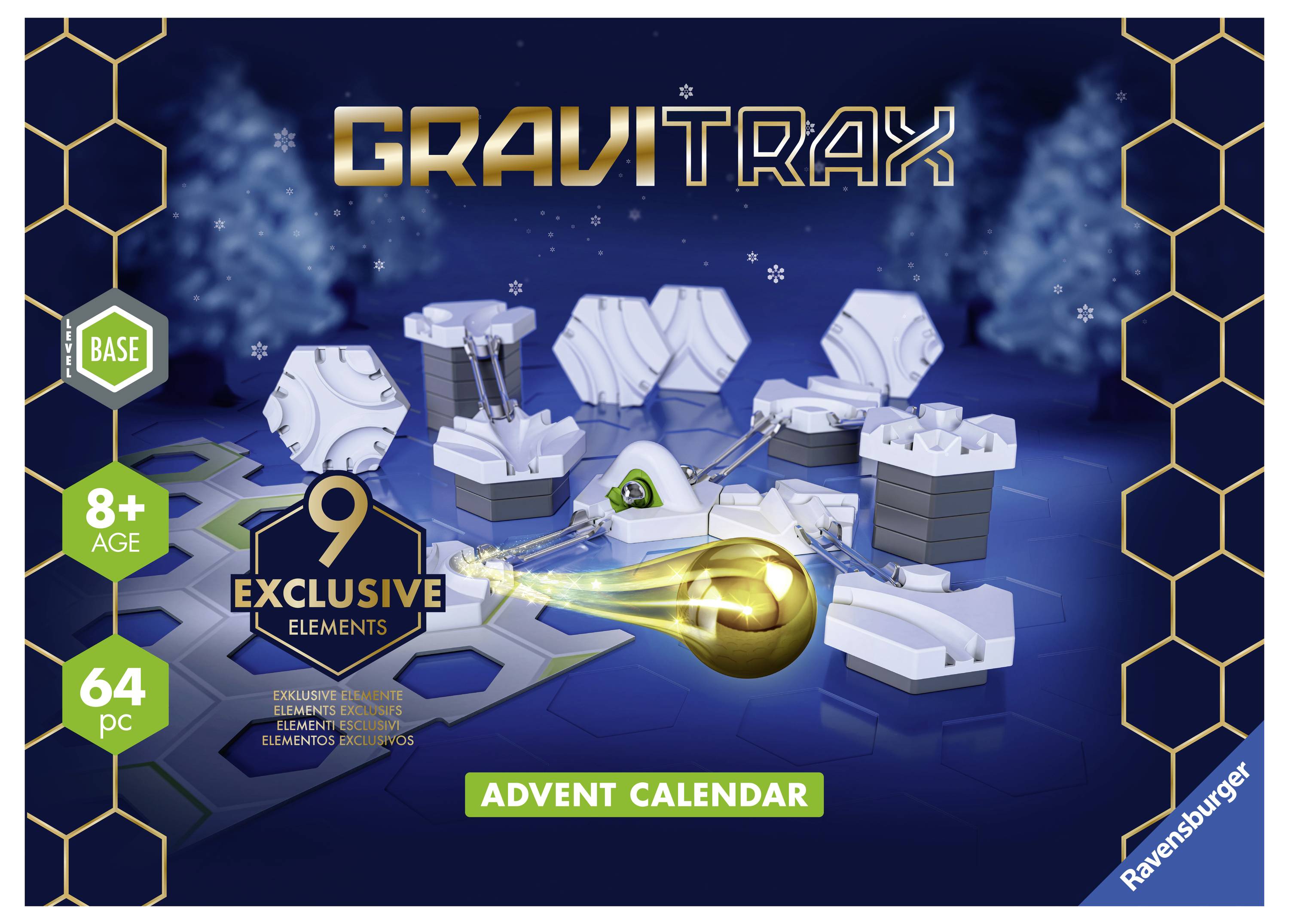 Spielzeug-Adventskalender 'Gravitrax' mit 8+ Altersfreigabe und 9 exklusiven Elementen. Enthält 64 Teile, weihnachtlich dekoriert.