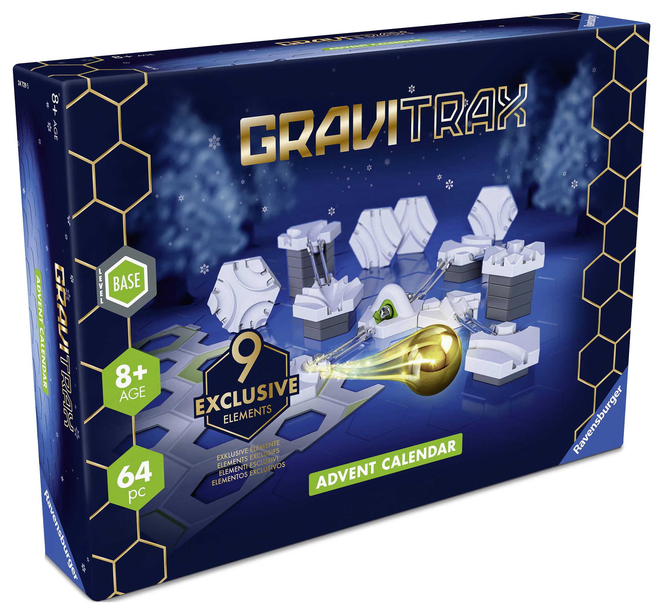 Eine Verpackung mit 'GraviTrax Advent Calendar' für Kinder ab 8 Jahren. Enthält 64 Teile, darunter 9 exklusive Elemente.