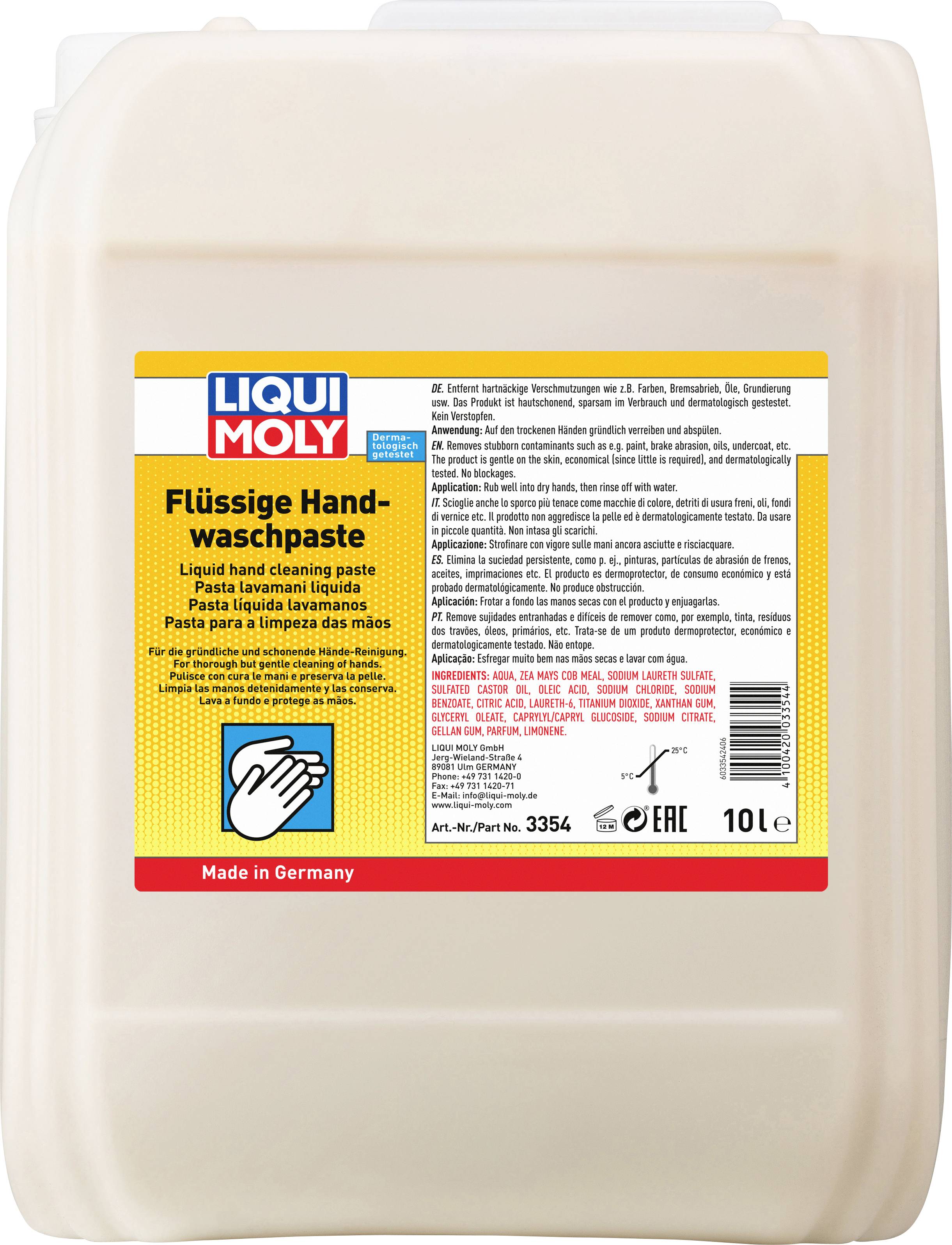 Kanister mit 'Liqui Moly Flüssige Handwaschpaste', 10 Liter. Enthält Reinigungspaste für Handreinigung. Made in Germany.