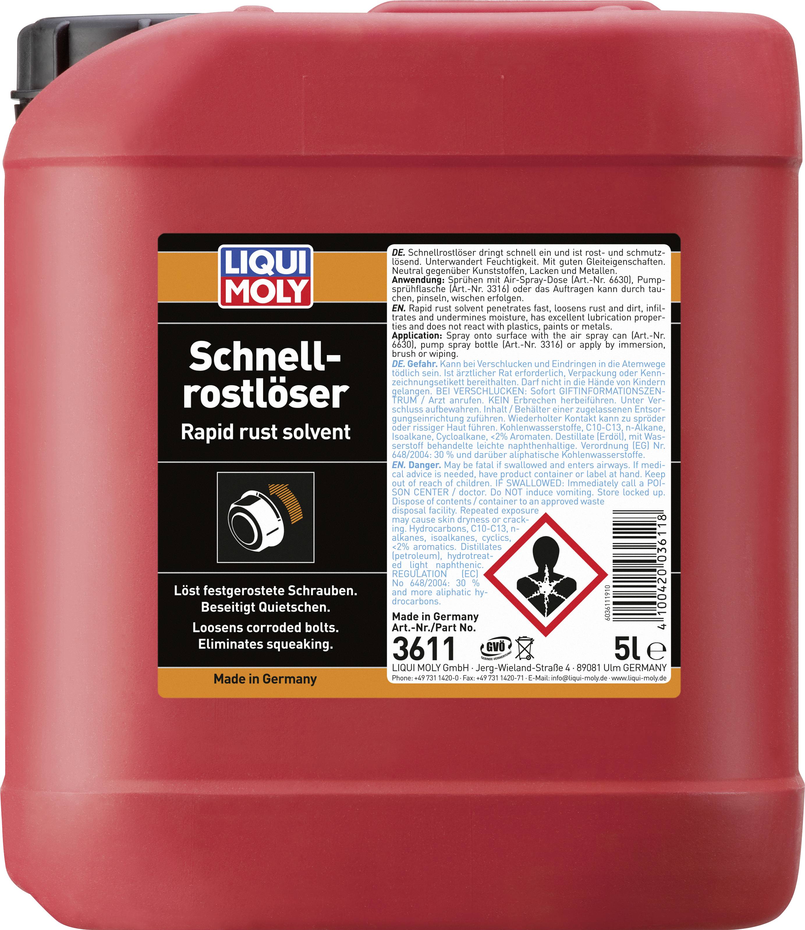 Roter Kanister mit Etikett 'Schnellrostlöser'. Enthält 5 Liter Rostlösemittel, hergestellt in Deutschland.
