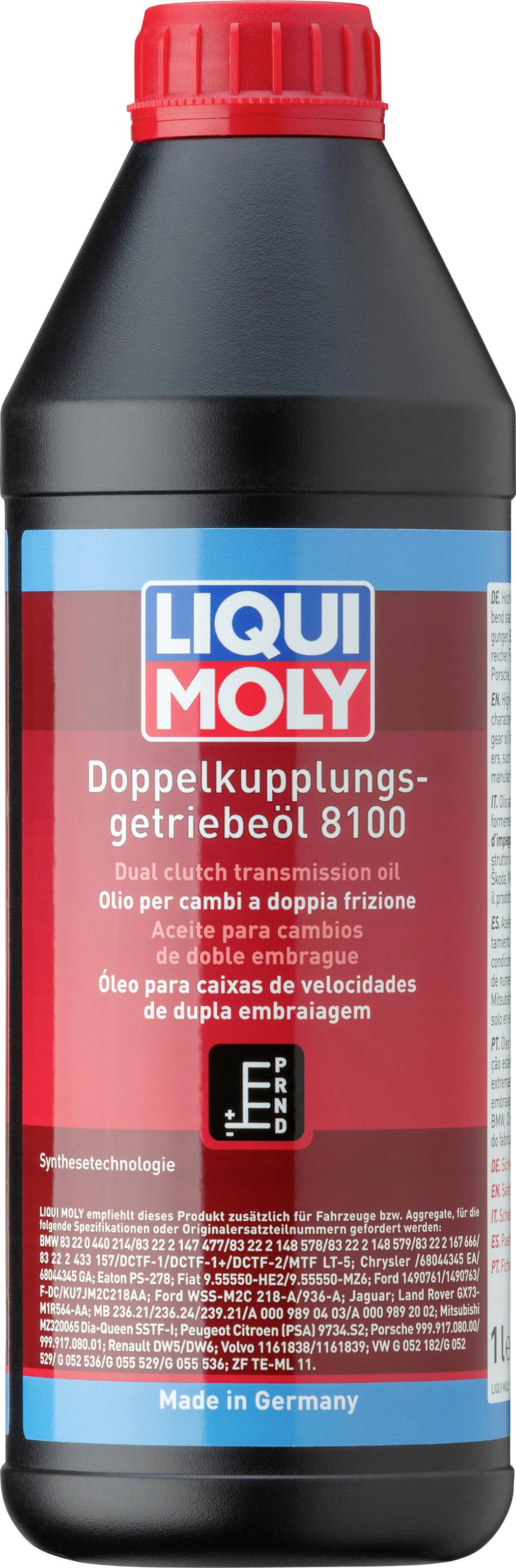 Flasche 'LIQUI MOLY Doppelkupplungsgetriebeöl 8100', geeignet für Dual-Kupplungs-Getriebe, 1 Liter, hergestellt in Deutschland.
