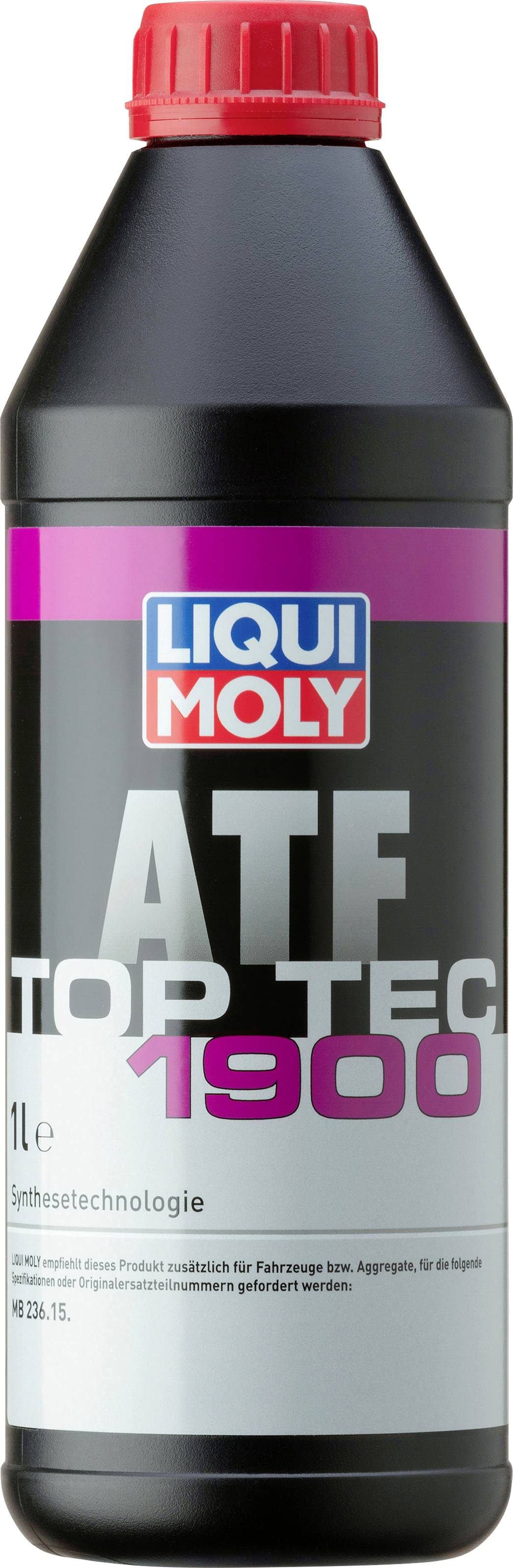 Eine schwarze Flasche Liqui Moly ATF Top Tec 1900 mit rotem Deckel, 1 Liter, geeignet für Fahrzeuge, enthält Synthetiköl.