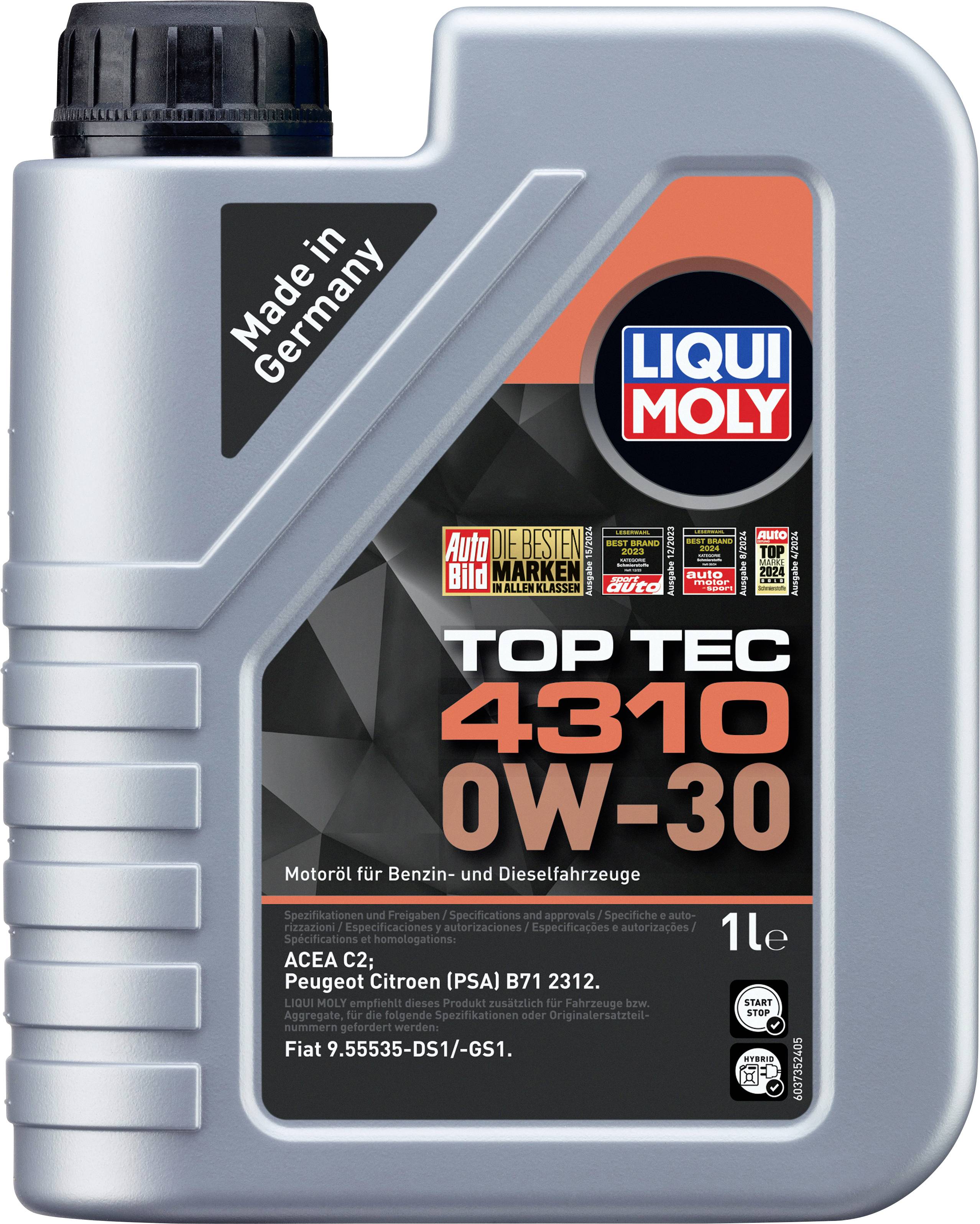 Flasche mit Motoröl 'Liqui Moly Top Tec 4310 0W-30', geeignet für Benzin- und Dieselautos. Siegel: 'Made in Germany', zahlreiche Testsiegel auf Label.